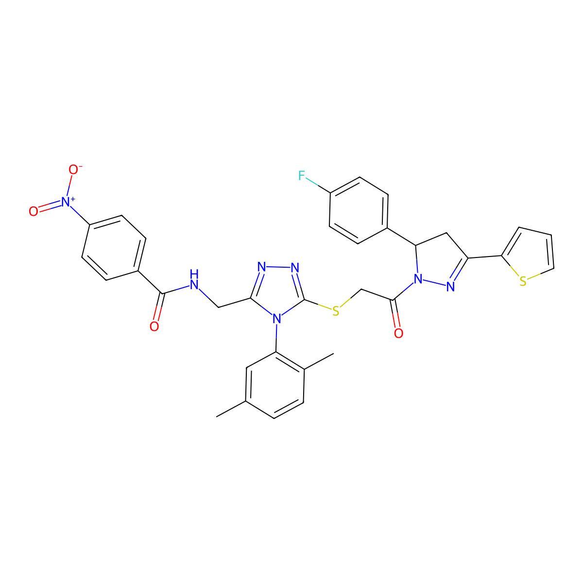 N-[[4-(2,5-dimethylphenyl)-5-[2-[3-(4-fluorophenyl)-5-thiophen-2-yl-3,4-dihydropyrazol-2-yl]-2-oxoethyl]sulfanyl-1,2,4-triazol-3-yl]methyl]-4-nitrobenzamide molecular structure, CAS 393583-04-5