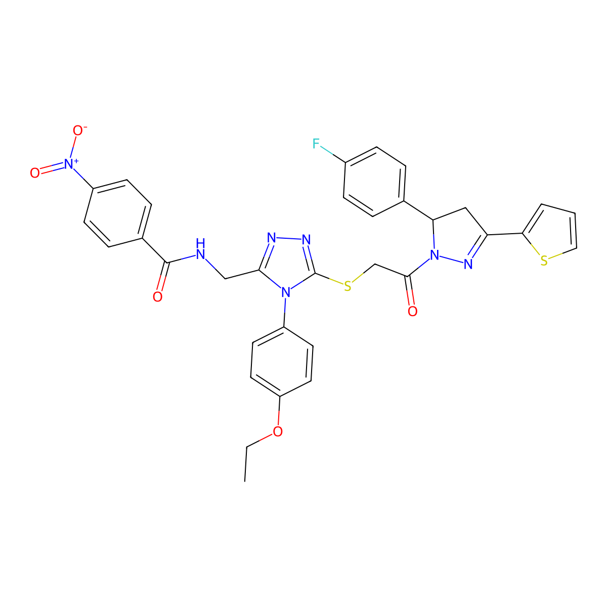 N-[[4-(4-ethoxyphenyl)-5-[2-[3-(4-fluorophenyl)-5-thiophen-2-yl-3,4-dihydropyrazol-2-yl]-2-oxoethyl]sulfanyl-1,2,4-triazol-3-yl]methyl]-4-nitrobenzamide molecular structure, CAS 393583-10-3