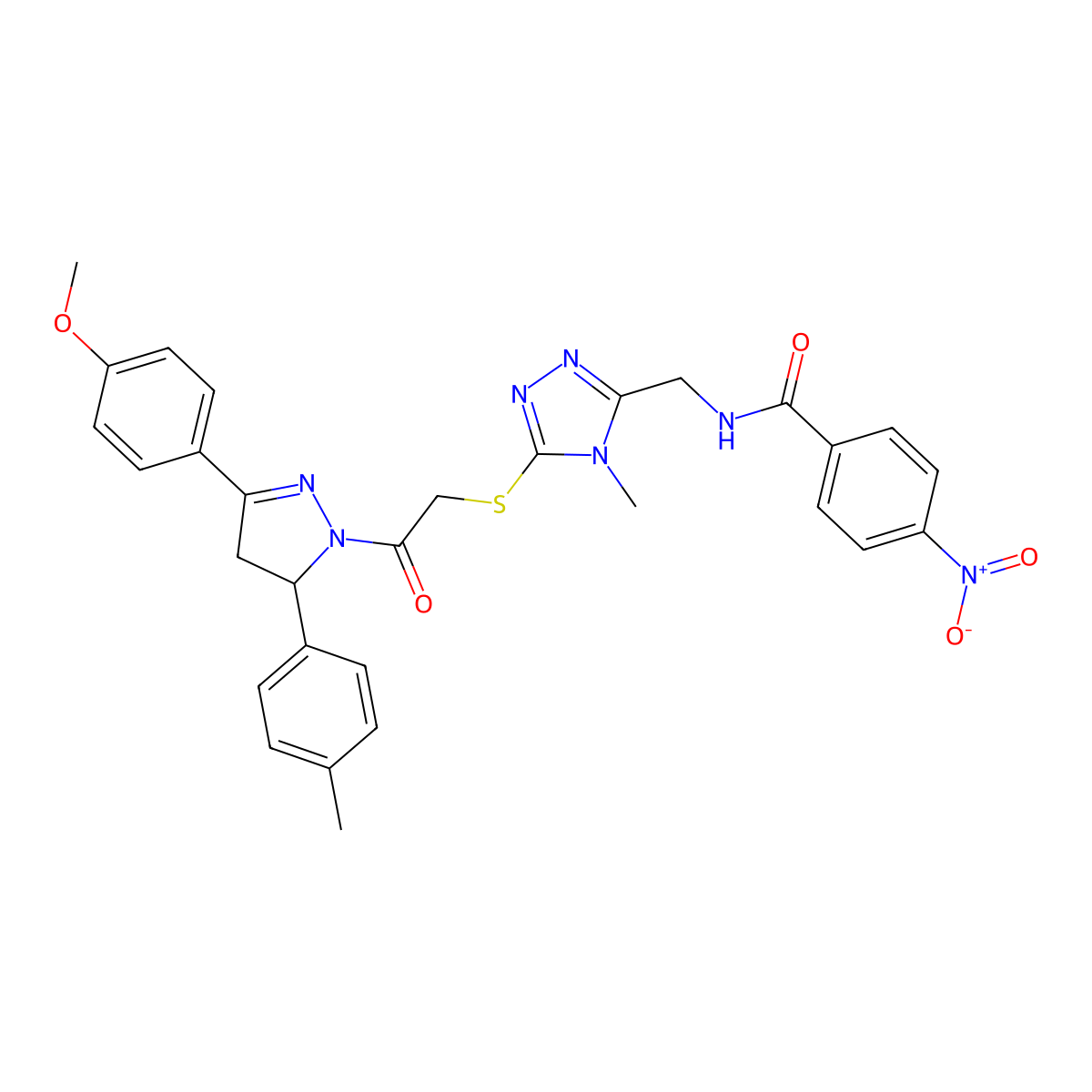 N-[[5-[2-[5-(4-methoxyphenyl)-3-(4-methylphenyl)-3,4-dihydropyrazol-2-yl]-2-oxoethyl]sulfanyl-4-methyl-1,2,4-triazol-3-yl]methyl]-4-nitrobenzamide molecular structure, CAS 393583-13-6