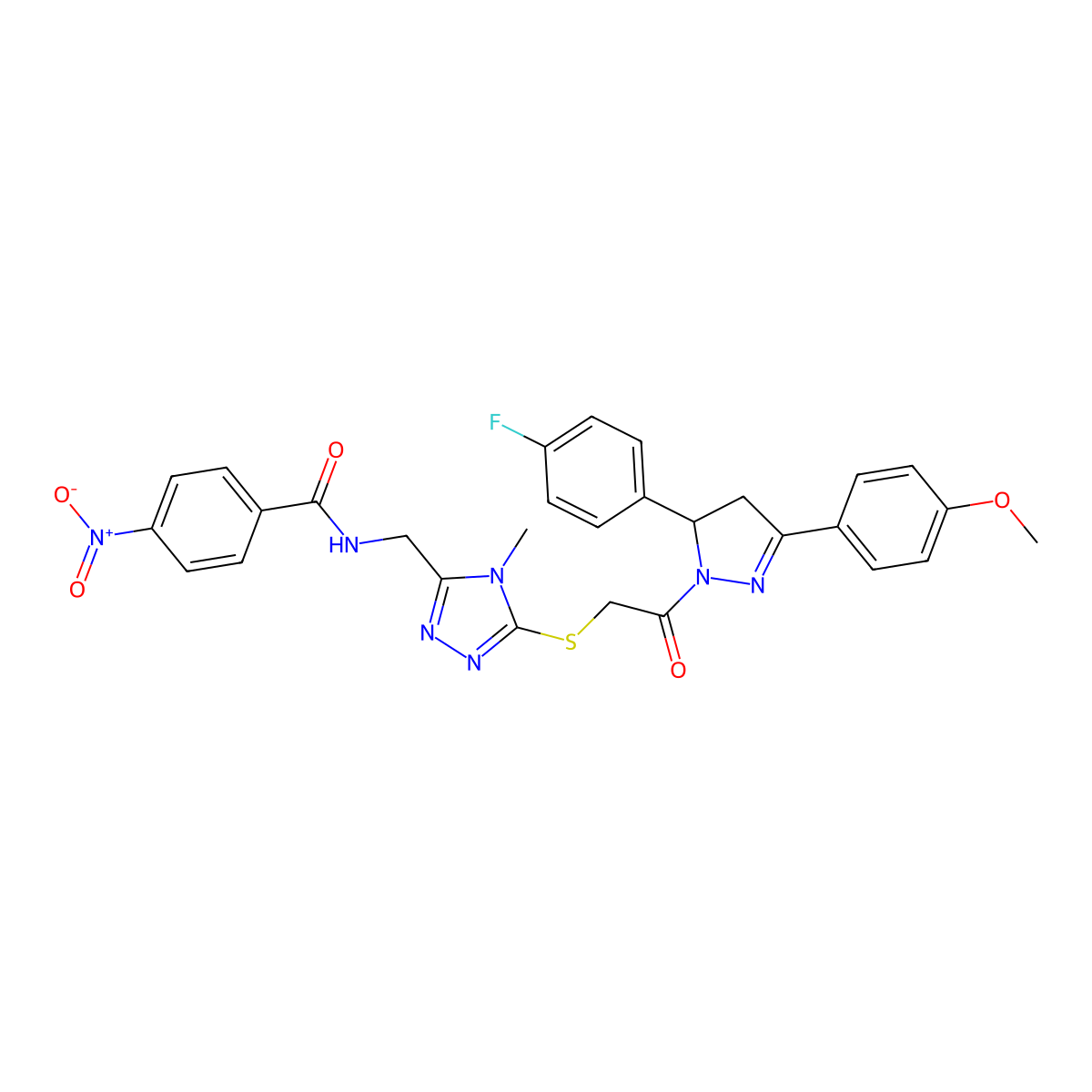 N-((5-((2-(5-(4-fluorophenyl)-3-(4-methoxyphenyl)-4,5-dihydro-1H-pyrazol-1-yl)-2-oxoethyl)thio)-4-methyl-4H-1,2,4-triazol-3-yl)methyl)-4-nitrobenzamide molecular structure, CAS 393583-15-8