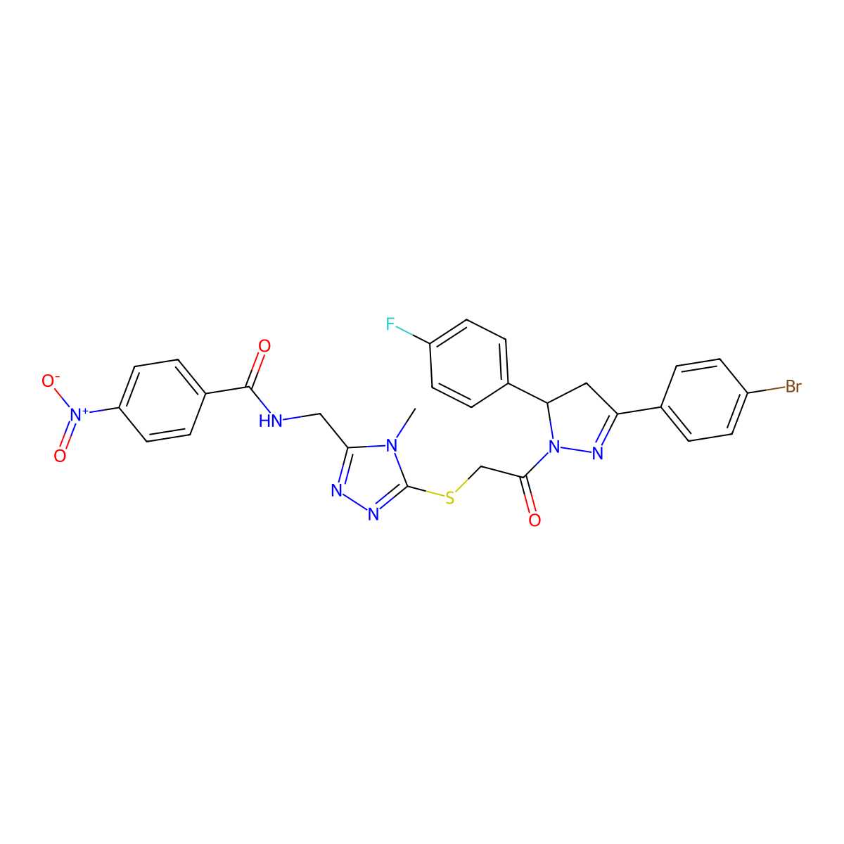 N-((5-((2-(3-(4-bromophenyl)-5-(4-fluorophenyl)-4,5-dihydro-1H-pyrazol-1-yl)-2-oxoethyl)thio)-4-methyl-4H-1,2,4-triazol-3-yl)methyl)-4-nitrobenzamide molecular structure, CAS 393583-16-9