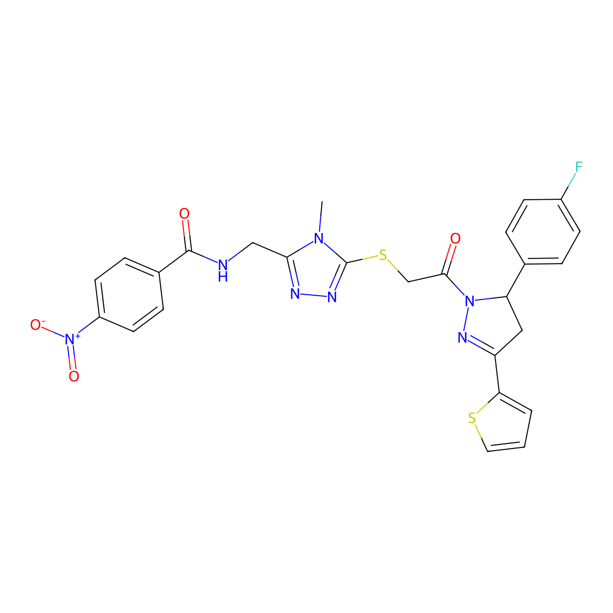 N-[[5-[2-[3-(4-fluorophenyl)-5-thiophen-2-yl-3,4-dihydropyrazol-2-yl]-2-oxoethyl]sulfanyl-4-methyl-1,2,4-triazol-3-yl]methyl]-4-nitrobenzamide molecular structure, CAS 393583-17-0