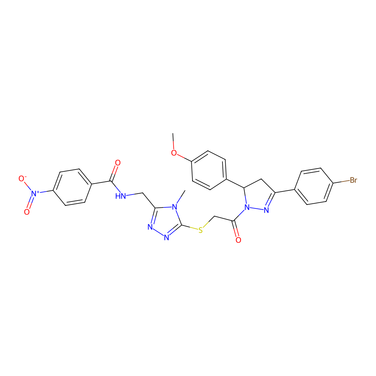 N-((5-((2-(3-(4-bromophenyl)-5-(4-methoxyphenyl)-4,5-dihydro-1H-pyrazol-1-yl)-2-oxoethyl)thio)-4-methyl-4H-1,2,4-triazol-3-yl)methyl)-4-nitrobenzamide molecular structure, CAS 393583-20-5