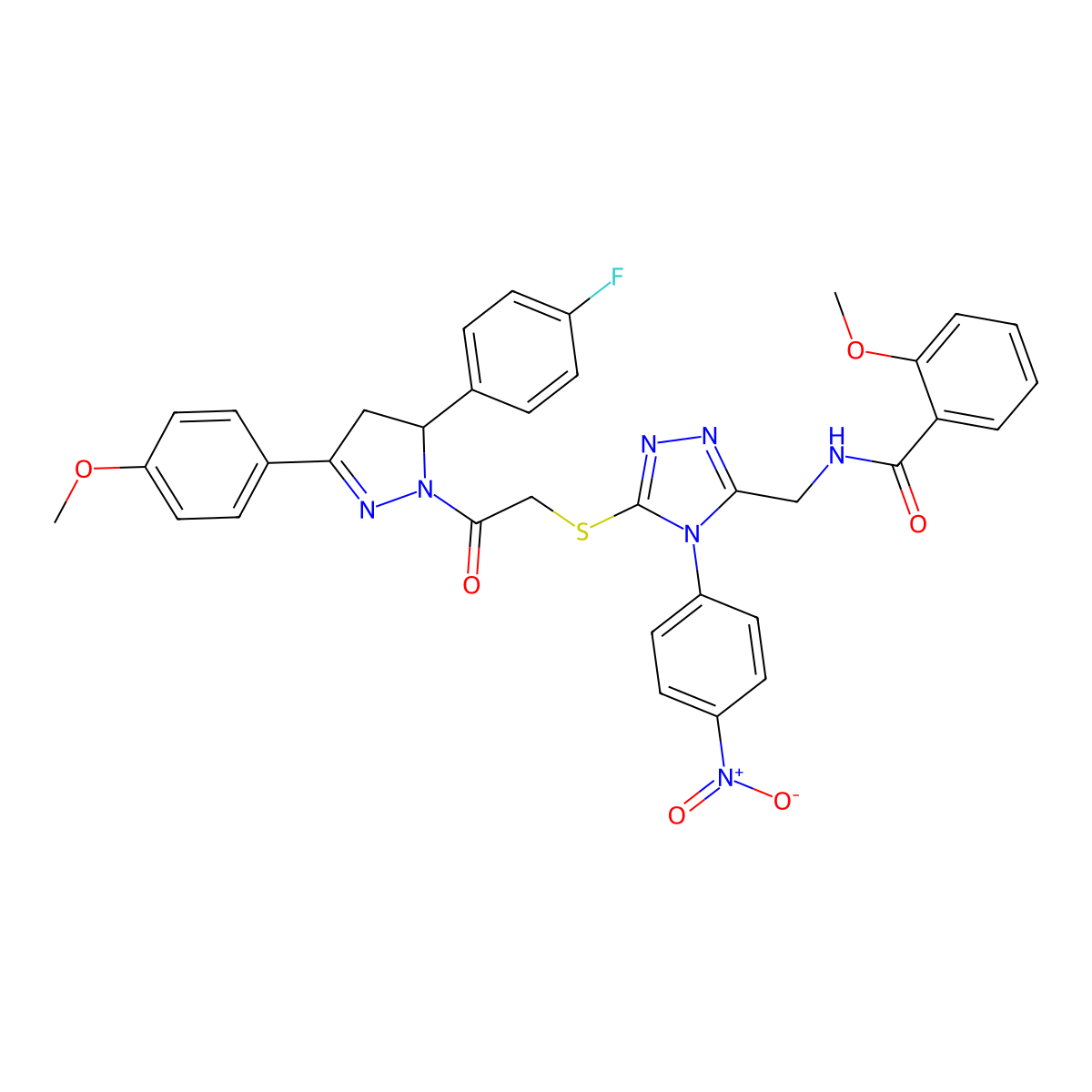 N-((5-((2-(5-(4-fluorophenyl)-3-(4-methoxyphenyl)-4,5-dihydro-1H-pyrazol-1-yl)-2-oxoethyl)thio)-4-(4-nitrophenyl)-4H-1,2,4-triazol-3-yl)methyl)-2-methoxybenzamide molecular structure, CAS 393583-25-0