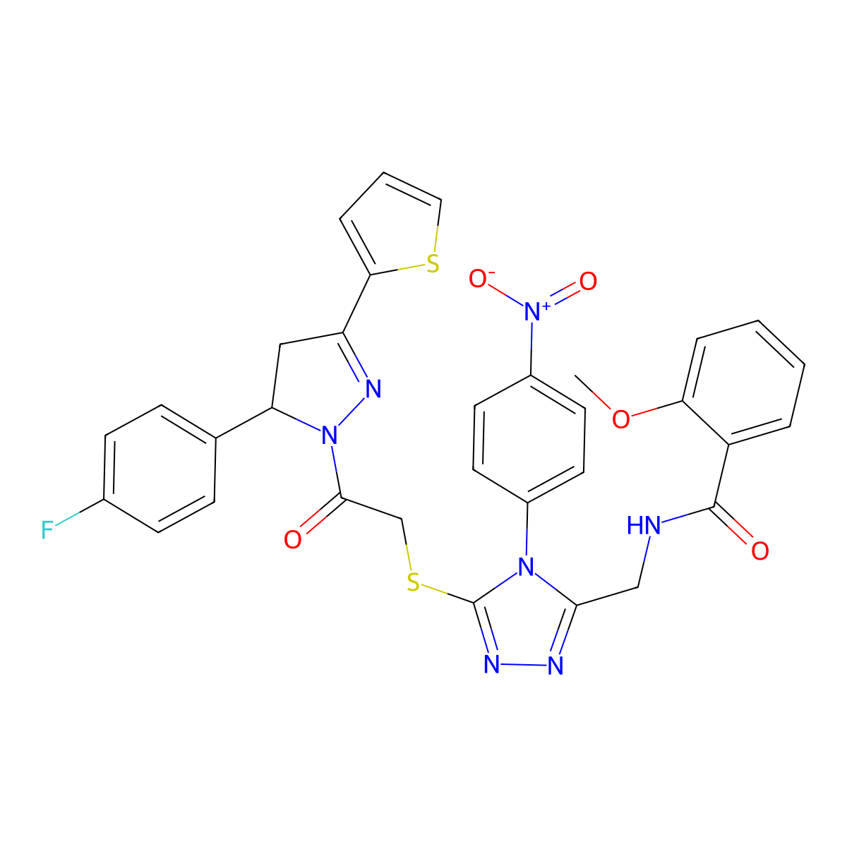 N-((5-((2-(5-(4-fluorophenyl)-3-(thiophen-2-yl)-4,5-dihydro-1H-pyrazol-1-yl)-2-oxoethyl)thio)-4-(4-nitrophenyl)-4H-1,2,4-triazol-3-yl)methyl)-2-methoxybenzamide molecular structure, CAS 393583-26-1