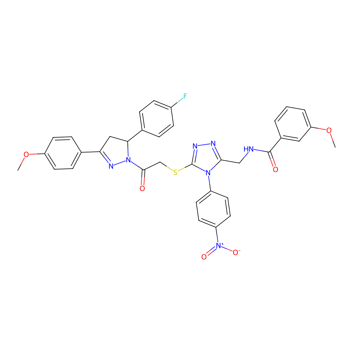 N-[[5-[2-[3-(4-fluorophenyl)-5-(4-methoxyphenyl)-3,4-dihydropyrazol-2-yl]-2-oxoethyl]sulfanyl-4-(4-nitrophenyl)-1,2,4-triazol-3-yl]methyl]-3-methoxybenzamide molecular structure, CAS 393583-46-5