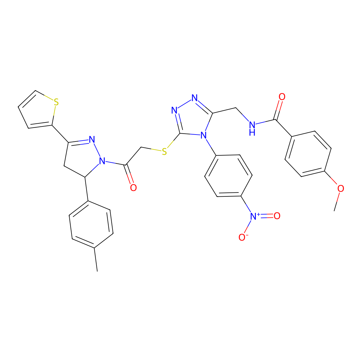 4-methoxy-N-((4-(4-nitrophenyl)-5-((2-oxo-2-(3-(thiophen-2-yl)-5-(p-tolyl)-4,5-dihydro-1H-pyrazol-1-yl)ethyl)thio)-4H-1,2,4-triazol-3-yl)methyl)benzamide molecular structure, CAS 393583-90-9