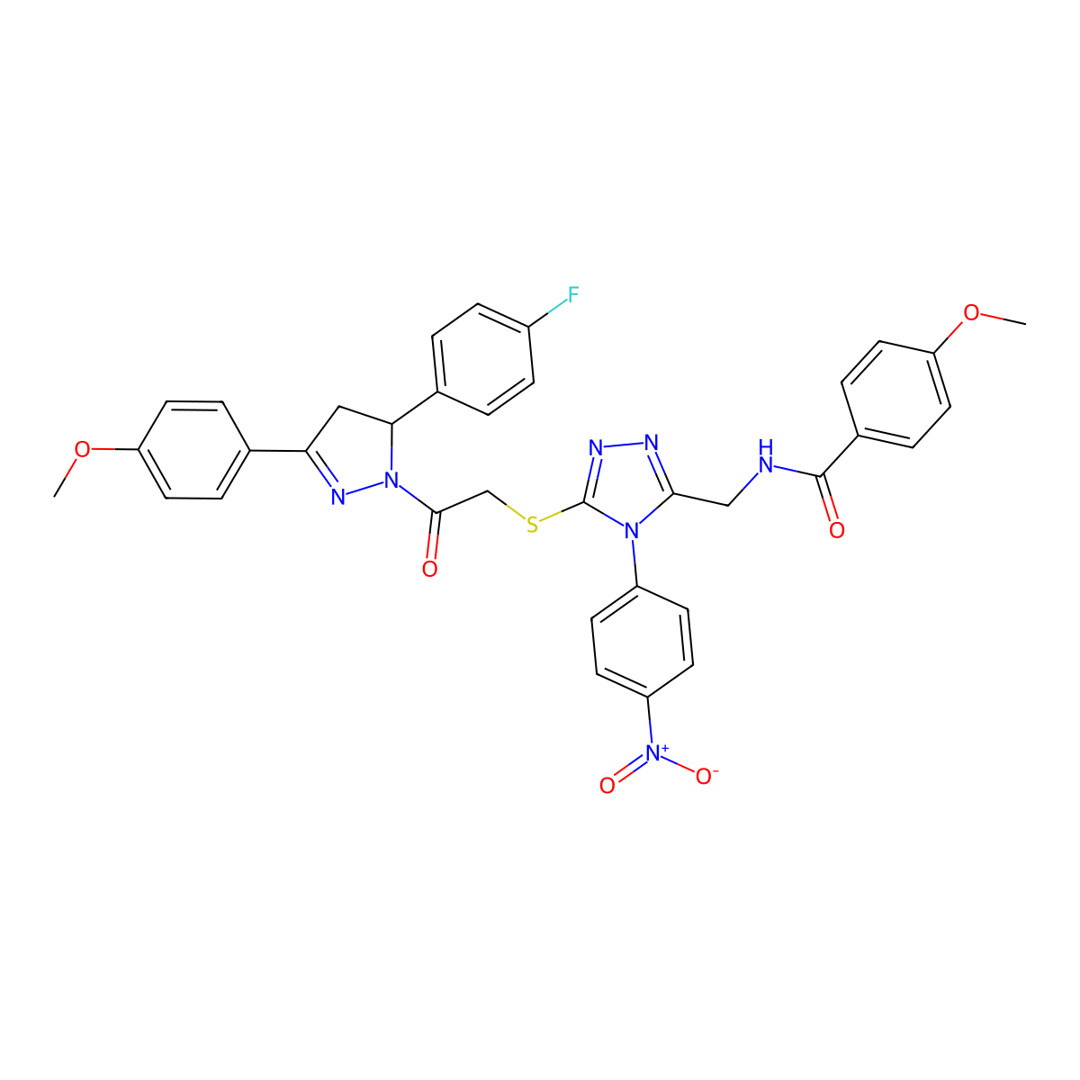 N-[[5-[2-[3-(4-fluorophenyl)-5-(4-methoxyphenyl)-3,4-dihydropyrazol-2-yl]-2-oxoethyl]sulfanyl-4-(4-nitrophenyl)-1,2,4-triazol-3-yl]methyl]-4-methoxybenzamide molecular structure, CAS 393583-91-0