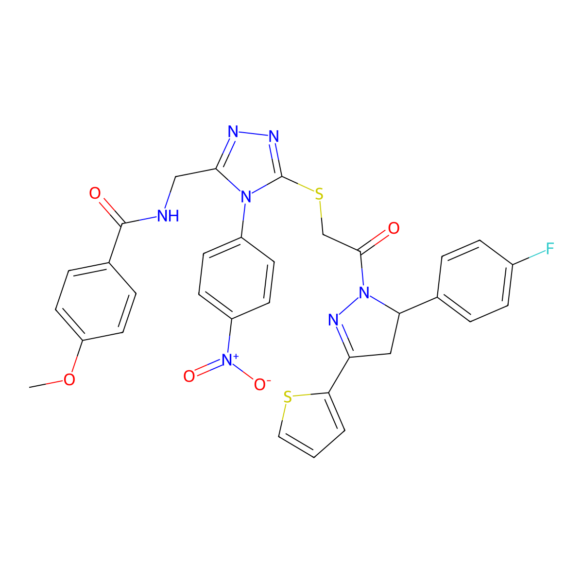 N-[[5-[2-[3-(4-fluorophenyl)-5-thiophen-2-yl-3,4-dihydropyrazol-2-yl]-2-oxoethyl]sulfanyl-4-(4-nitrophenyl)-1,2,4-triazol-3-yl]methyl]-4-methoxybenzamide molecular structure, CAS 393583-92-1