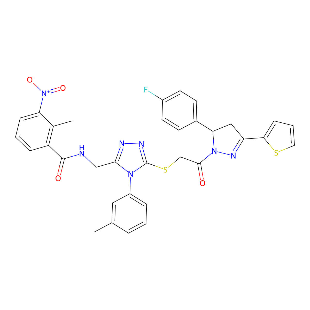 N-[[5-[2-[3-(4-fluorophenyl)-5-thiophen-2-yl-3,4-dihydropyrazol-2-yl]-2-oxoethyl]sulfanyl-4-(3-methylphenyl)-1,2,4-triazol-3-yl]methyl]-2-methyl-3-nitrobenzamide molecular structure, CAS 393584-18-4
