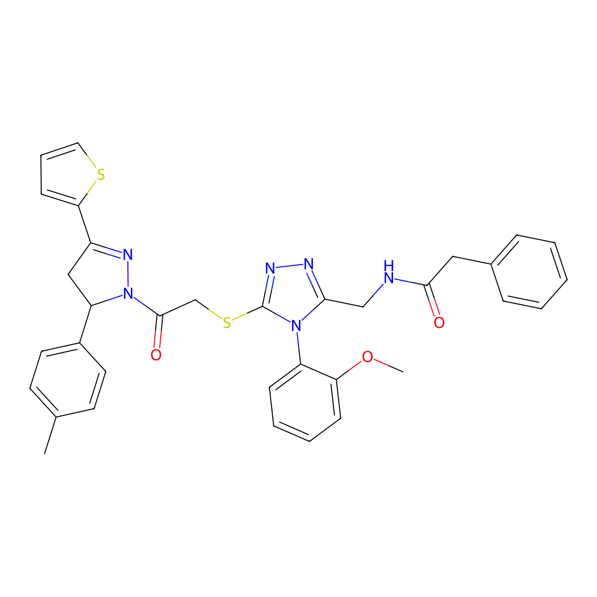 N-((4-(2-methoxyphenyl)-5-((2-oxo-2-(3-(thiophen-2-yl)-5-(p-tolyl)-4,5-dihydro-1H-pyrazol-1-yl)ethyl)thio)-4H-1,2,4-triazol-3-yl)methyl)-2-phenylacetamide molecular structure, CAS 393584-96-8