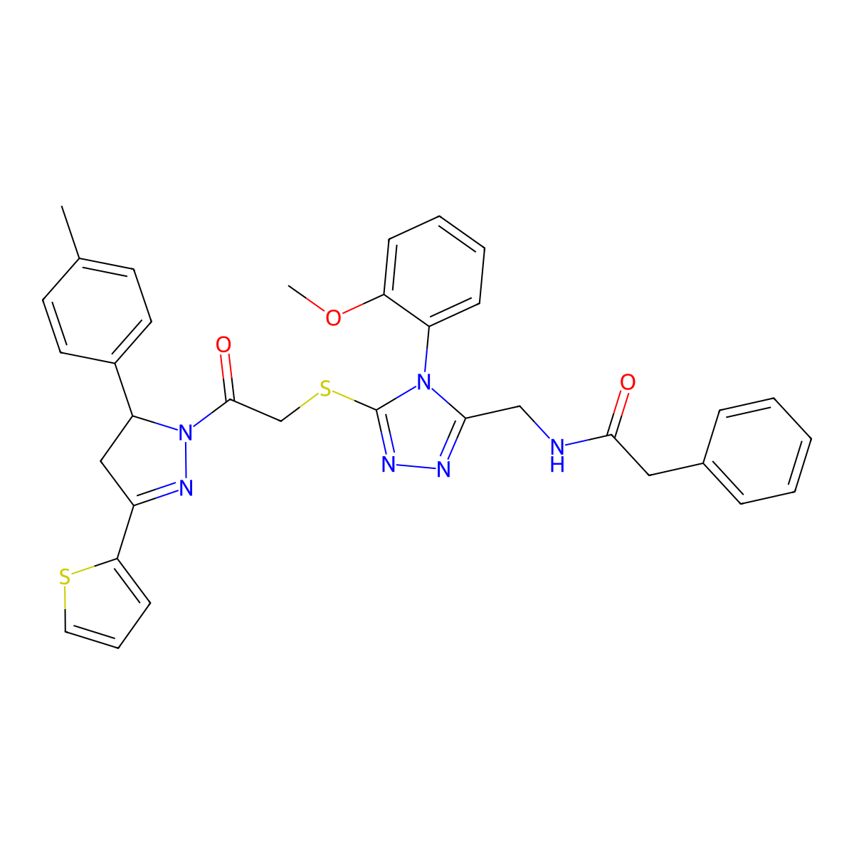 N-((4-(2-methoxyphenyl)-5-((2-oxo-2-(3-(thiophen-2-yl)-5-(p-tolyl)-4,5-dihydro-1H-pyrazol-1-yl)ethyl)thio)-4H-1,2,4-triazol-3-yl)methyl)-2-phenylacetamide molecular structure, CAS 393584-96-8