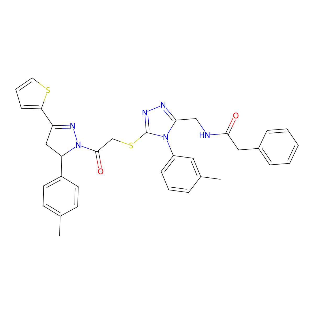 N-[[4-(3-methylphenyl)-5-[2-[3-(4-methylphenyl)-5-thiophen-2-yl-3,4-dihydropyrazol-2-yl]-2-oxoethyl]sulfanyl-1,2,4-triazol-3-yl]methyl]-2-phenylacetamide molecular structure, CAS 393584-97-9