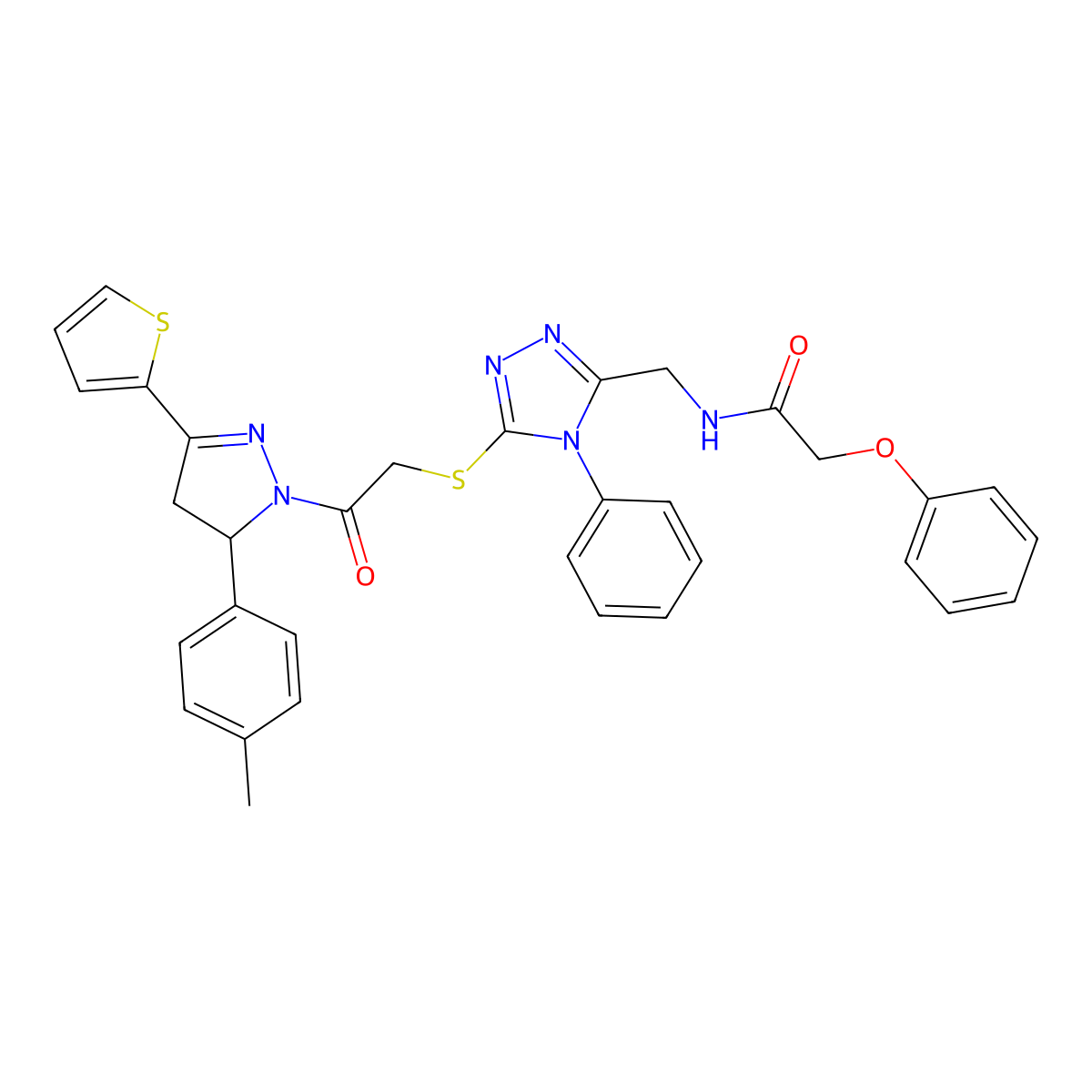 N-[[5-[2-[3-(4-methylphenyl)-5-thiophen-2-yl-3,4-dihydropyrazol-2-yl]-2-oxoethyl]sulfanyl-4-phenyl-1,2,4-triazol-3-yl]methyl]-2-phenoxyacetamide molecular structure, CAS 393584-99-1