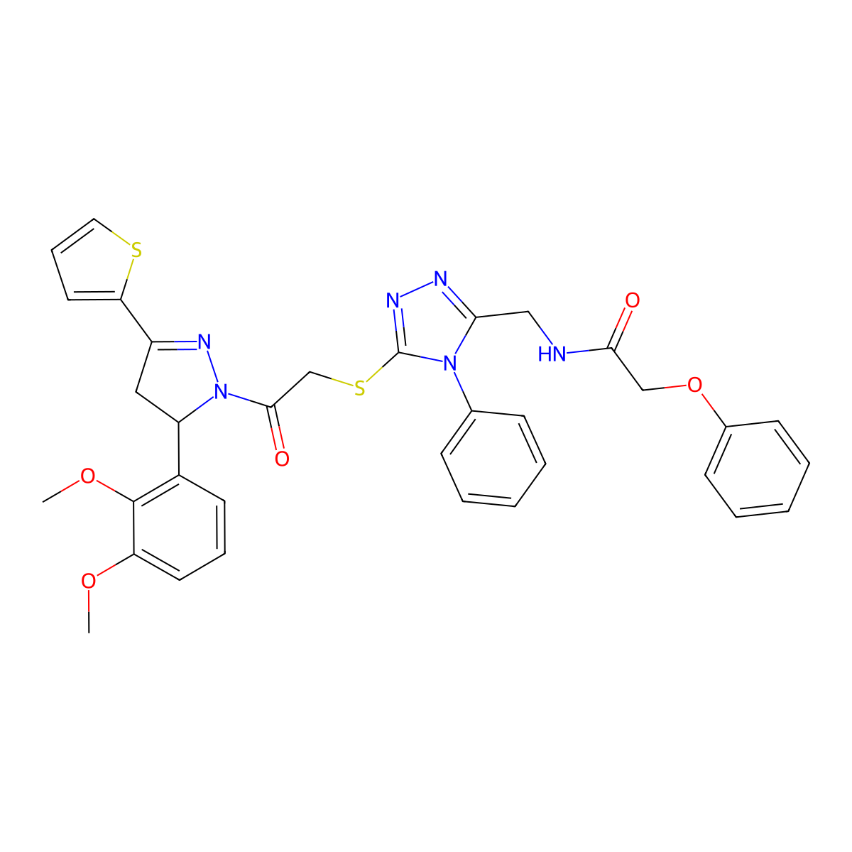 N-((5-((2-(5-(2,3-dimethoxyphenyl)-3-(thiophen-2-yl)-4,5-dihydro-1H-pyrazol-1-yl)-2-oxoethyl)thio)-4-phenyl-4H-1,2,4-triazol-3-yl)methyl)-2-phenoxyacetamide molecular structure, CAS 393585-04-1