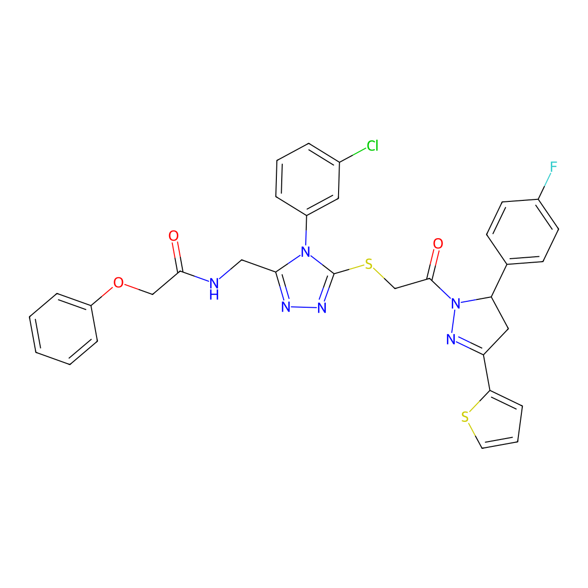 N-((4-(3-chlorophenyl)-5-((2-(5-(4-fluorophenyl)-3-(thiophen-2-yl)-4,5-dihydro-1H-pyrazol-1-yl)-2-oxoethyl)thio)-4H-1,2,4-triazol-3-yl)methyl)-2-phenoxyacetamide molecular structure, CAS 393585-06-3