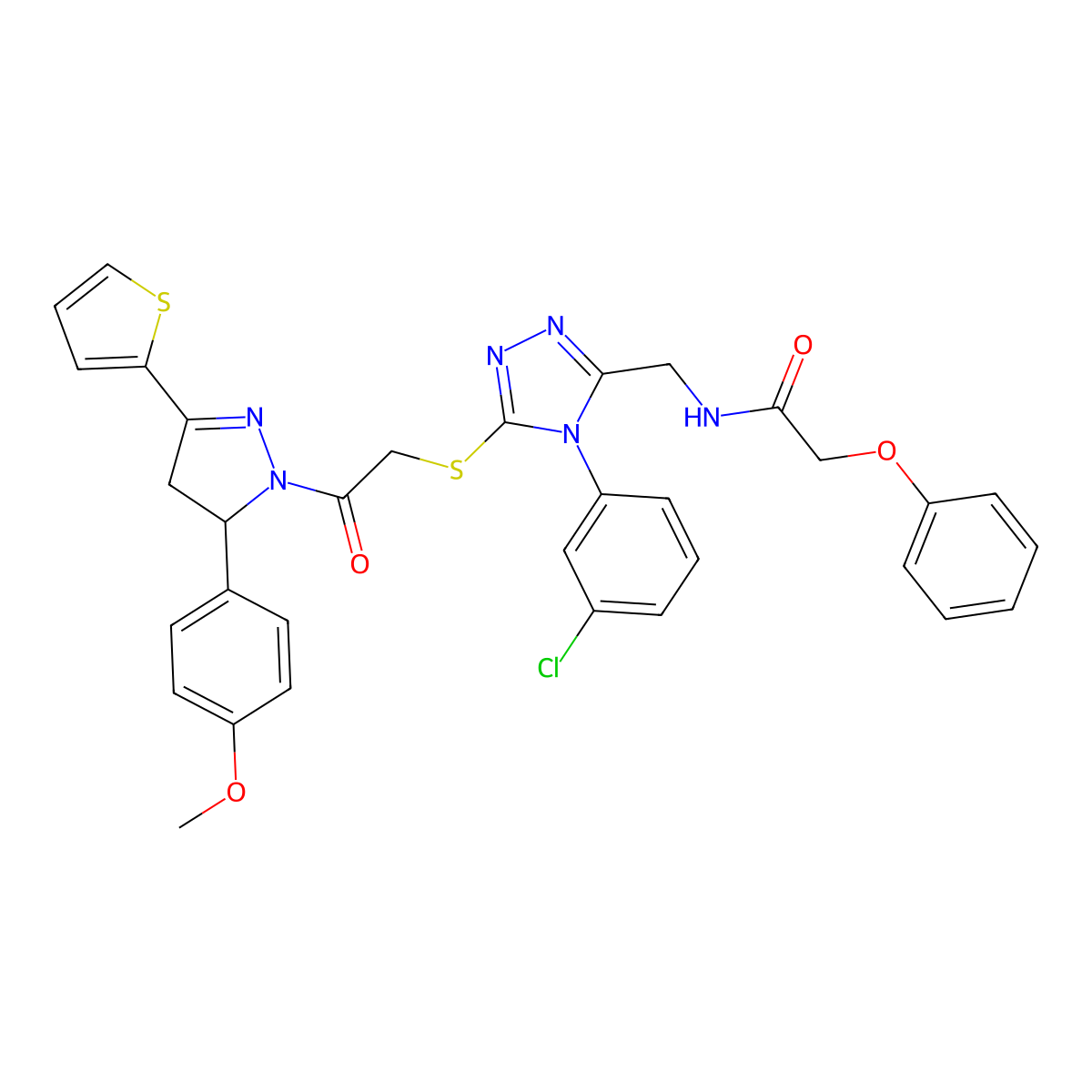 N-[[4-(3-chlorophenyl)-5-[2-[3-(4-methoxyphenyl)-5-thiophen-2-yl-3,4-dihydropyrazol-2-yl]-2-oxoethyl]sulfanyl-1,2,4-triazol-3-yl]methyl]-2-phenoxyacetamide molecular structure, CAS 393585-07-4