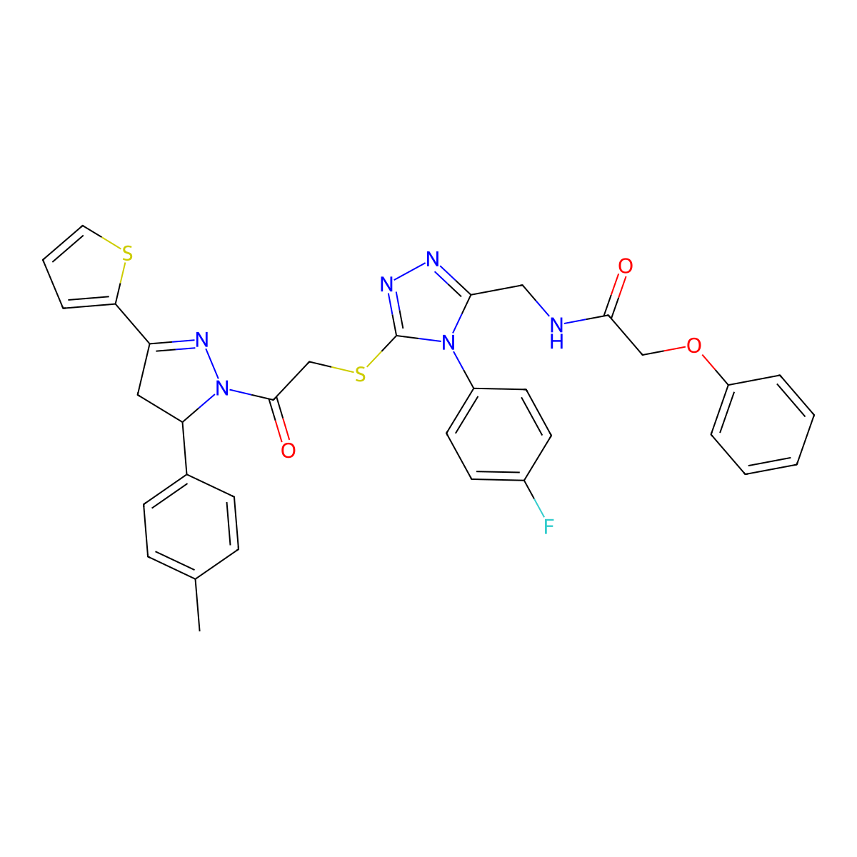 N-[[4-(4-fluorophenyl)-5-[2-[3-(4-methylphenyl)-5-thiophen-2-yl-3,4-dihydropyrazol-2-yl]-2-oxoethyl]sulfanyl-1,2,4-triazol-3-yl]methyl]-2-phenoxyacetamide molecular structure, CAS 393585-08-5