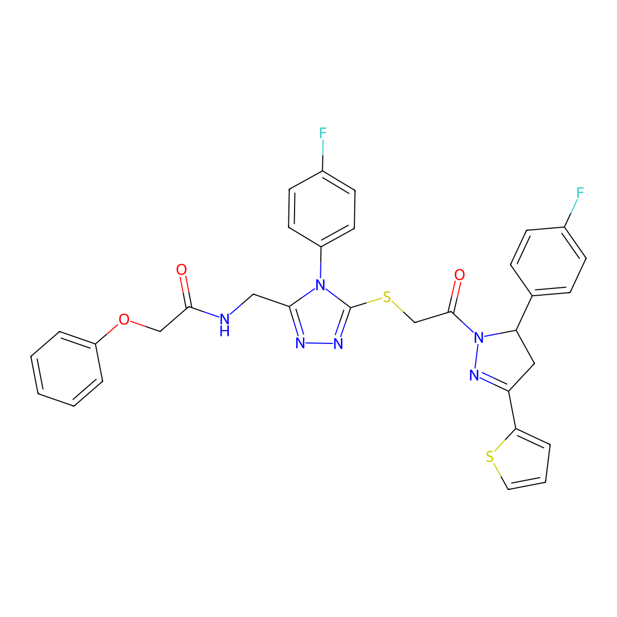 N-[[4-(4-fluorophenyl)-5-[2-[3-(4-fluorophenyl)-5-thiophen-2-yl-3,4-dihydropyrazol-2-yl]-2-oxoethyl]sulfanyl-1,2,4-triazol-3-yl]methyl]-2-phenoxyacetamide molecular structure, CAS 393585-10-9