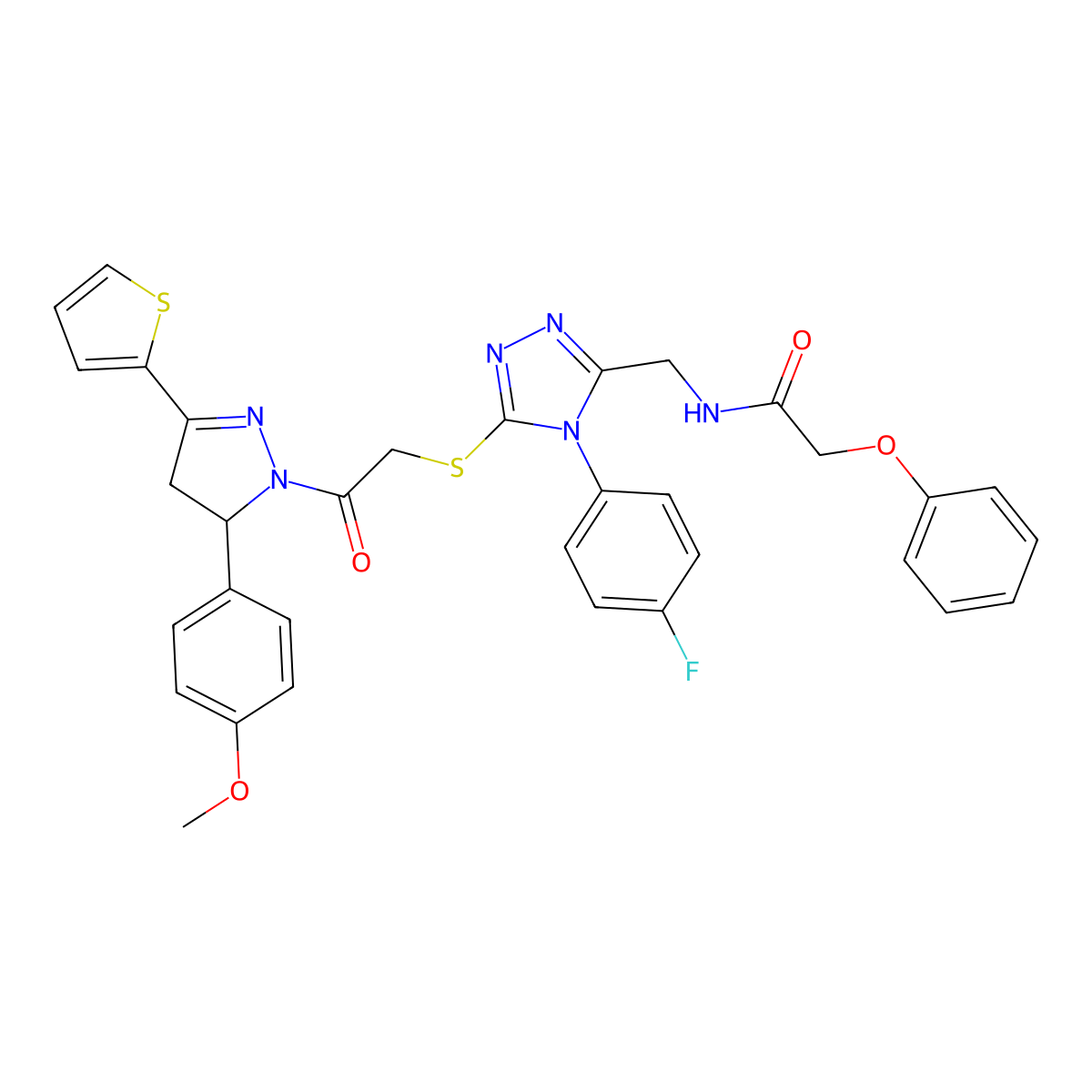 N-((4-(4-fluorophenyl)-5-((2-(5-(4-methoxyphenyl)-3-(thiophen-2-yl)-4,5-dihydro-1H-pyrazol-1-yl)-2-oxoethyl)thio)-4H-1,2,4-triazol-3-yl)methyl)-2-phenoxyacetamide molecular structure, CAS 393585-11-0
