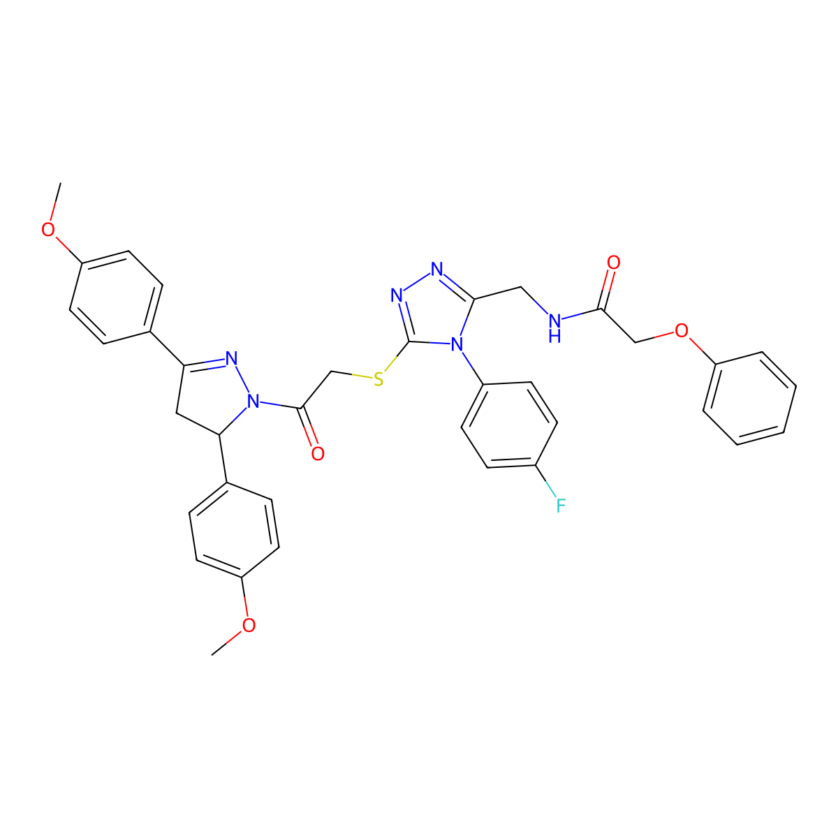 N-((5-((2-(3,5-bis(4-methoxyphenyl)-4,5-dihydro-1H-pyrazol-1-yl)-2-oxoethyl)thio)-4-(4-fluorophenyl)-4H-1,2,4-triazol-3-yl)methyl)-2-phenoxyacetamide molecular structure, CAS 393585-12-1