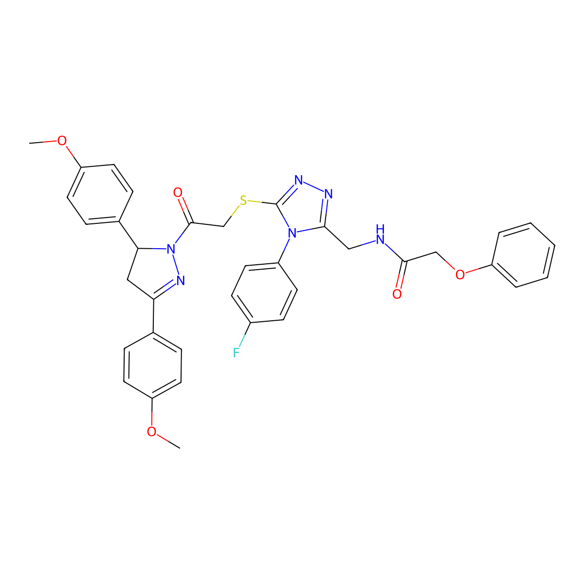 N-((5-((2-(3,5-bis(4-methoxyphenyl)-4,5-dihydro-1H-pyrazol-1-yl)-2-oxoethyl)thio)-4-(4-fluorophenyl)-4H-1,2,4-triazol-3-yl)methyl)-2-phenoxyacetamide molecular structure, CAS 393585-12-1