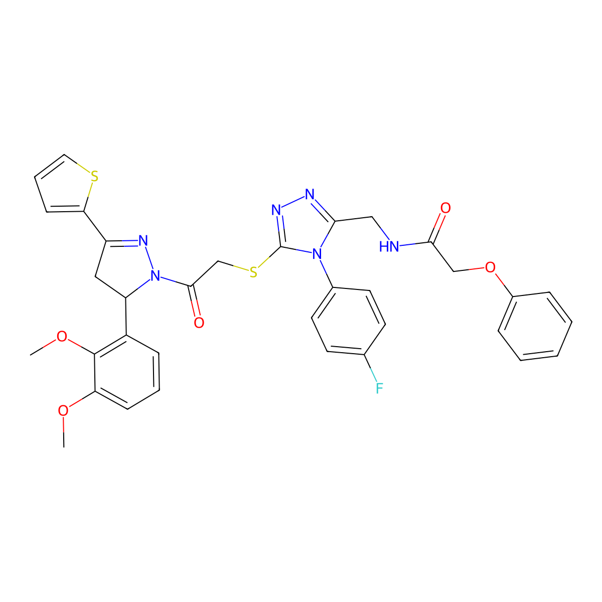 N-[[5-[2-[3-(2,3-dimethoxyphenyl)-5-thiophen-2-yl-3,4-dihydropyrazol-2-yl]-2-oxoethyl]sulfanyl-4-(4-fluorophenyl)-1,2,4-triazol-3-yl]methyl]-2-phenoxyacetamide molecular structure, CAS 393585-13-2