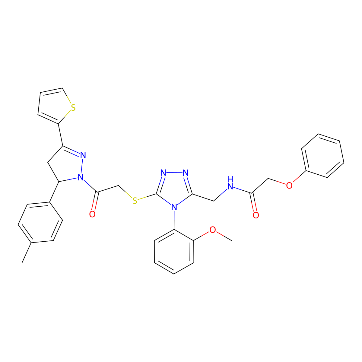 N-[[4-(2-methoxyphenyl)-5-[2-[3-(4-methylphenyl)-5-thiophen-2-yl-3,4-dihydropyrazol-2-yl]-2-oxoethyl]sulfanyl-1,2,4-triazol-3-yl]methyl]-2-phenoxyacetamide molecular structure, CAS 393585-15-4