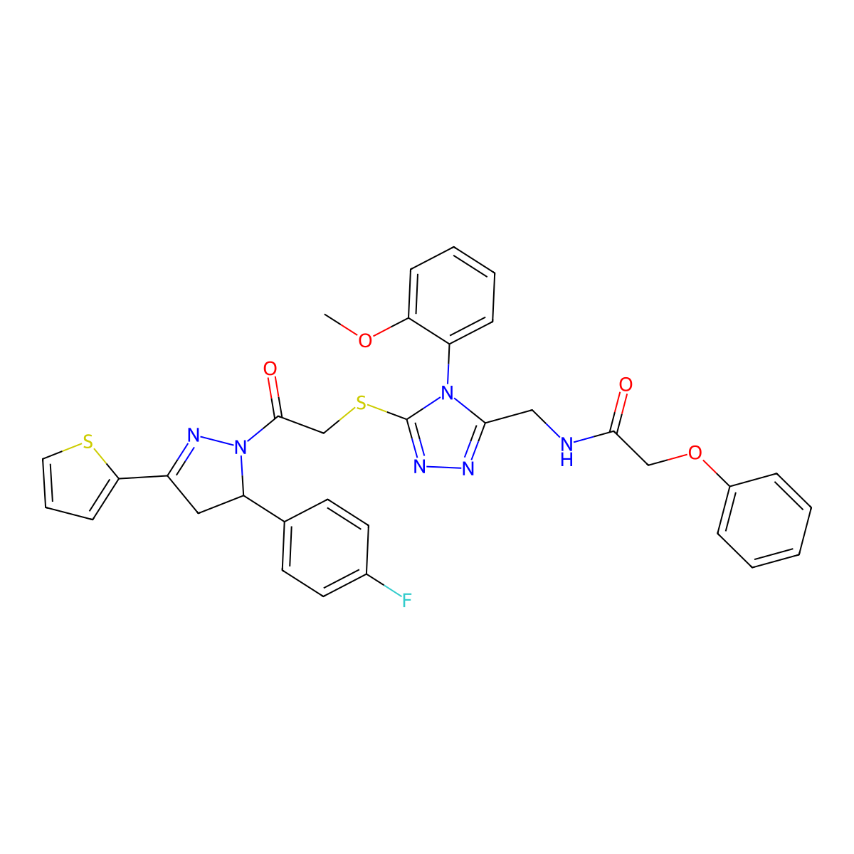 N-((5-((2-(5-(4-fluorophenyl)-3-(thiophen-2-yl)-4,5-dihydro-1H-pyrazol-1-yl)-2-oxoethyl)thio)-4-(2-methoxyphenyl)-4H-1,2,4-triazol-3-yl)methyl)-2-phenoxyacetamide molecular structure, CAS 393585-17-6