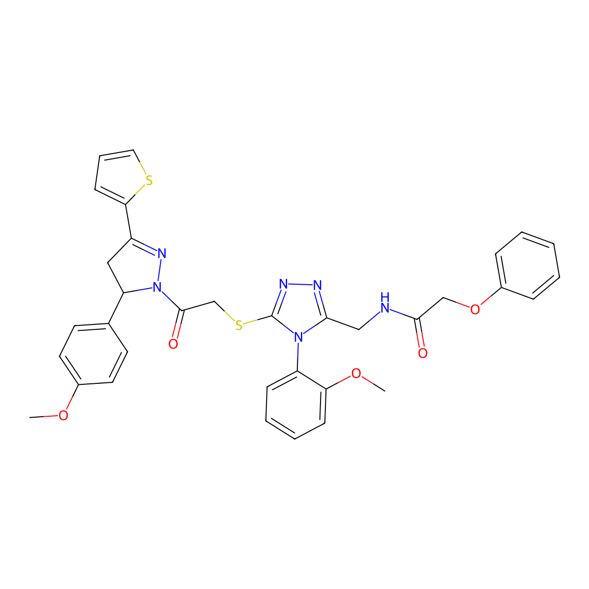 N-[[4-(2-methoxyphenyl)-5-[2-[3-(4-methoxyphenyl)-5-thiophen-2-yl-3,4-dihydropyrazol-2-yl]-2-oxoethyl]sulfanyl-1,2,4-triazol-3-yl]methyl]-2-phenoxyacetamide molecular structure, CAS 393585-18-7