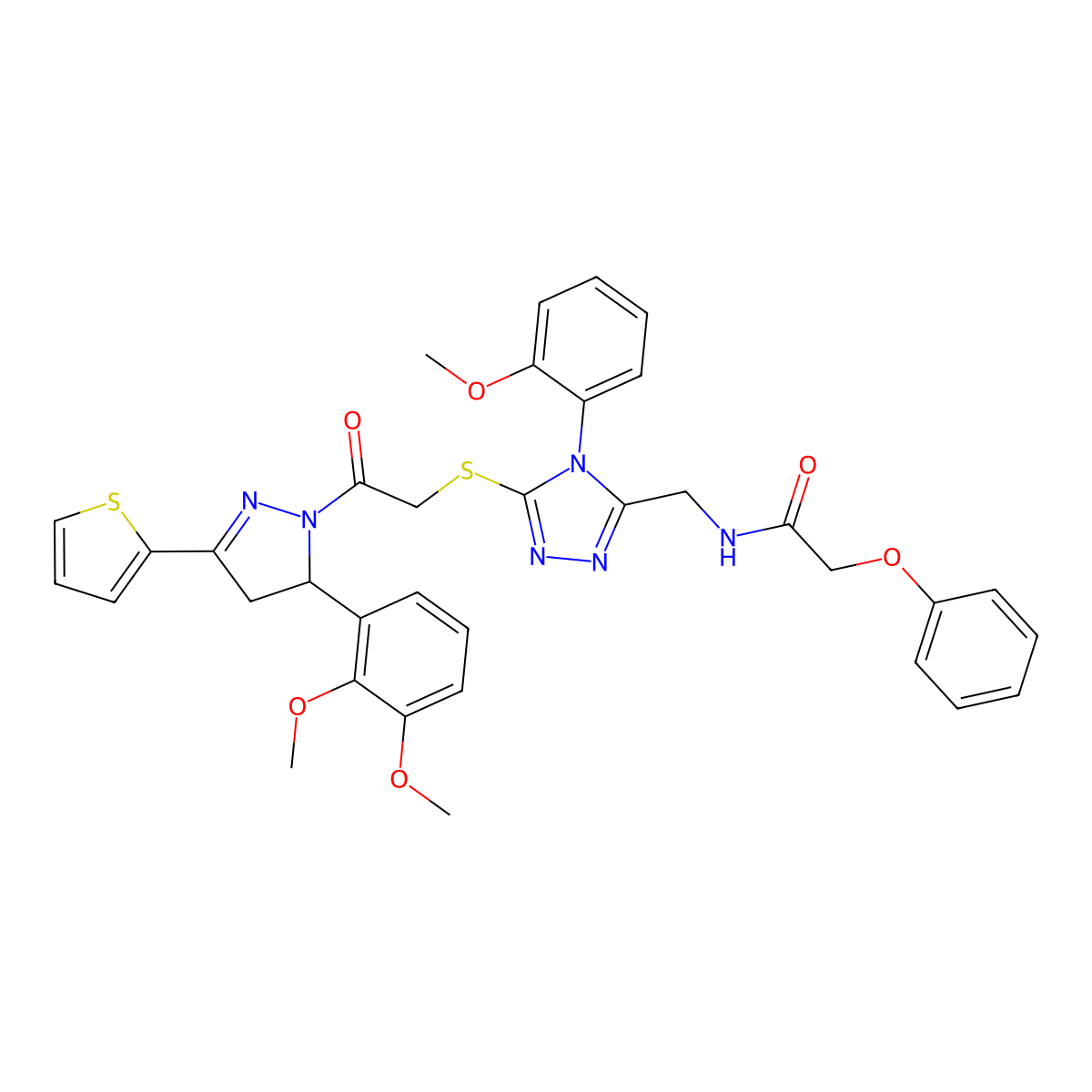 N-((5-((2-(5-(2,3-dimethoxyphenyl)-3-(thiophen-2-yl)-4,5-dihydro-1H-pyrazol-1-yl)-2-oxoethyl)thio)-4-(2-methoxyphenyl)-4H-1,2,4-triazol-3-yl)methyl)-2-phenoxyacetamide molecular structure, CAS 393585-20-1
