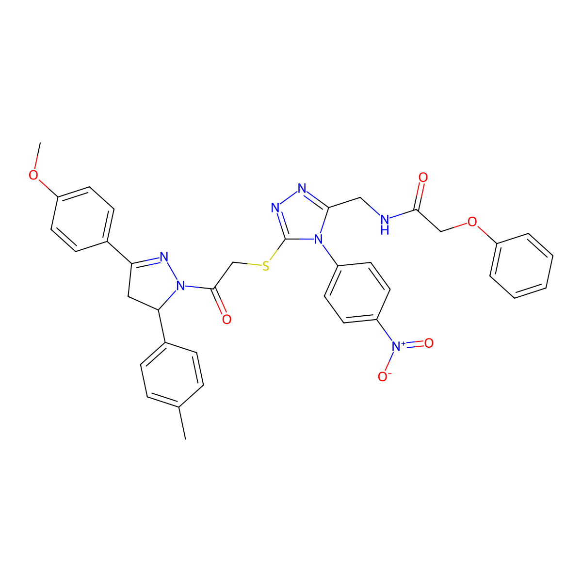 N-((5-((2-(3-(4-methoxyphenyl)-5-(p-tolyl)-4,5-dihydro-1H-pyrazol-1-yl)-2-oxoethyl)thio)-4-(4-nitrophenyl)-4H-1,2,4-triazol-3-yl)methyl)-2-phenoxyacetamide molecular structure, CAS 393585-22-3