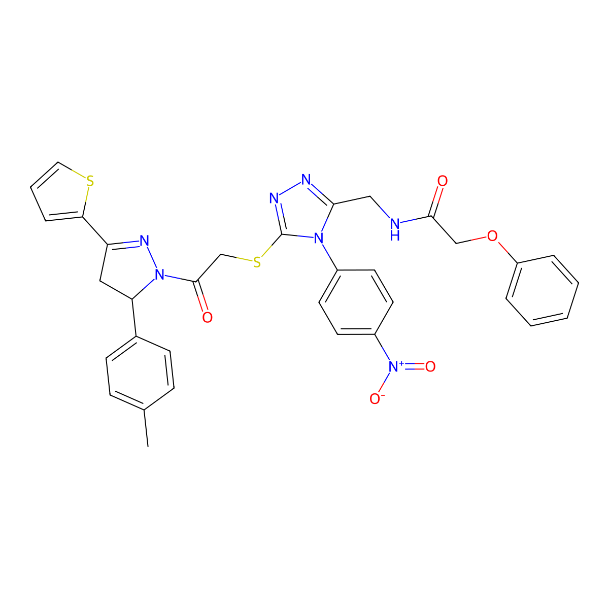 N-((4-(4-nitrophenyl)-5-((2-oxo-2-(3-(thiophen-2-yl)-5-(p-tolyl)-4,5-dihydro-1H-pyrazol-1-yl)ethyl)thio)-4H-1,2,4-triazol-3-yl)methyl)-2-phenoxyacetamide molecular structure, CAS 393585-24-5