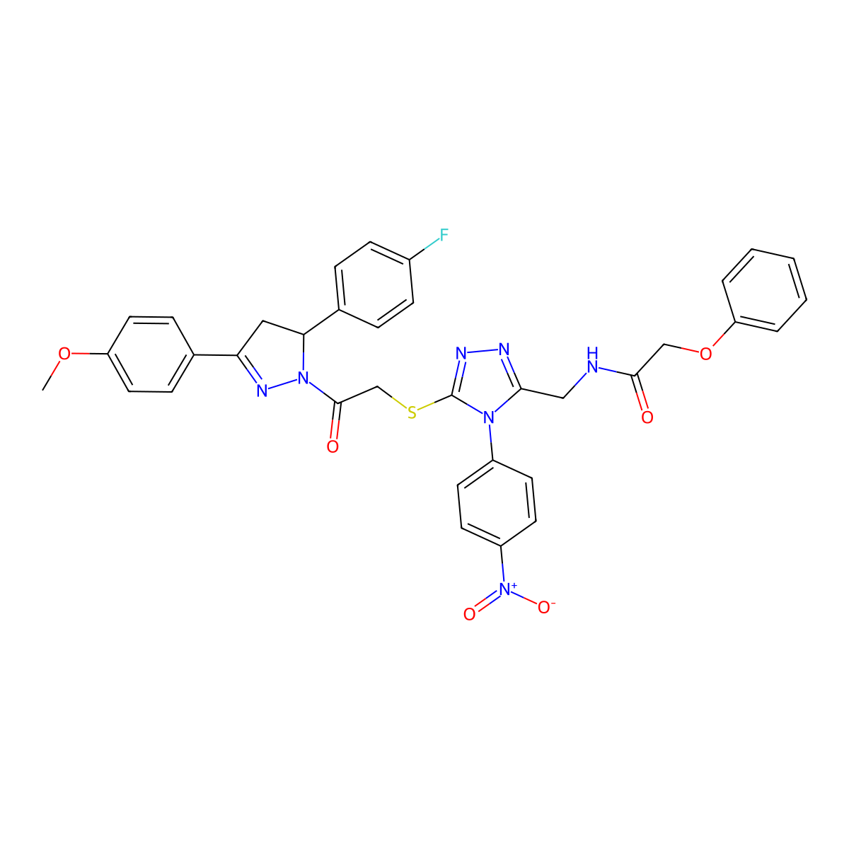 N-((5-((2-(5-(4-fluorophenyl)-3-(4-methoxyphenyl)-4,5-dihydro-1H-pyrazol-1-yl)-2-oxoethyl)thio)-4-(4-nitrophenyl)-4H-1,2,4-triazol-3-yl)methyl)-2-phenoxyacetamide molecular structure, CAS 393585-26-7
