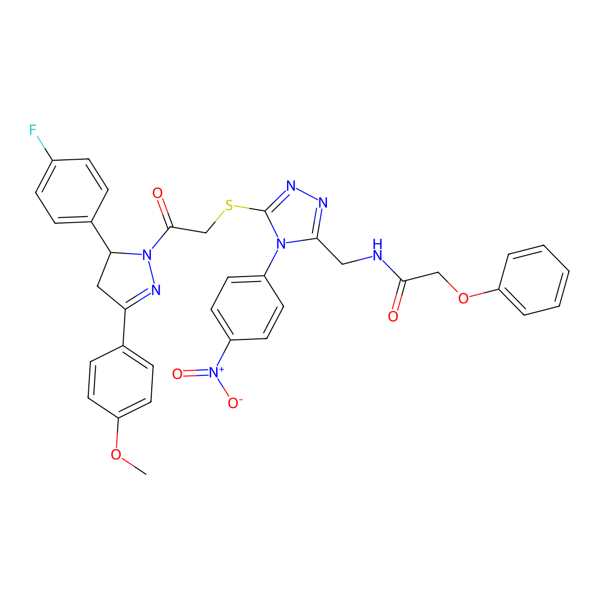 N-((5-((2-(5-(4-fluorophenyl)-3-(4-methoxyphenyl)-4,5-dihydro-1H-pyrazol-1-yl)-2-oxoethyl)thio)-4-(4-nitrophenyl)-4H-1,2,4-triazol-3-yl)methyl)-2-phenoxyacetamide molecular structure, CAS 393585-26-7