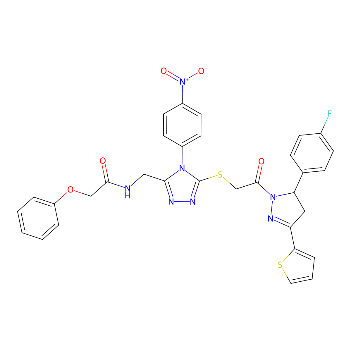 N-[[5-[2-[3-(4-fluorophenyl)-5-thiophen-2-yl-3,4-dihydropyrazol-2-yl]-2-oxoethyl]sulfanyl-4-(4-nitrophenyl)-1,2,4-triazol-3-yl]methyl]-2-phenoxyacetamide molecular structure, CAS 393585-28-9