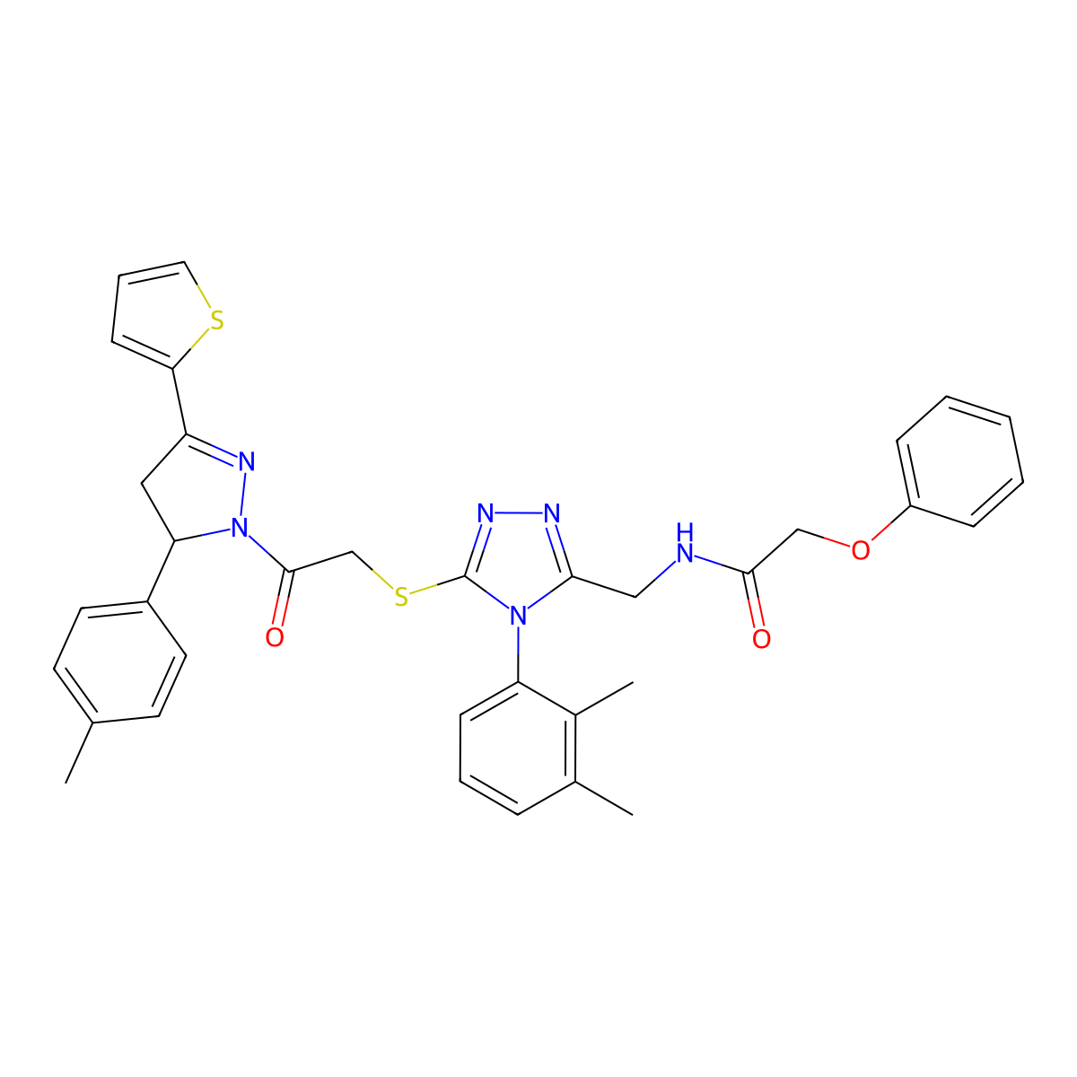 N-((4-(2,3-dimethylphenyl)-5-((2-oxo-2-(3-(thiophen-2-yl)-5-(p-tolyl)-4,5-dihydro-1H-pyrazol-1-yl)ethyl)thio)-4H-1,2,4-triazol-3-yl)methyl)-2-phenoxyacetamide molecular structure, CAS 393585-30-3
