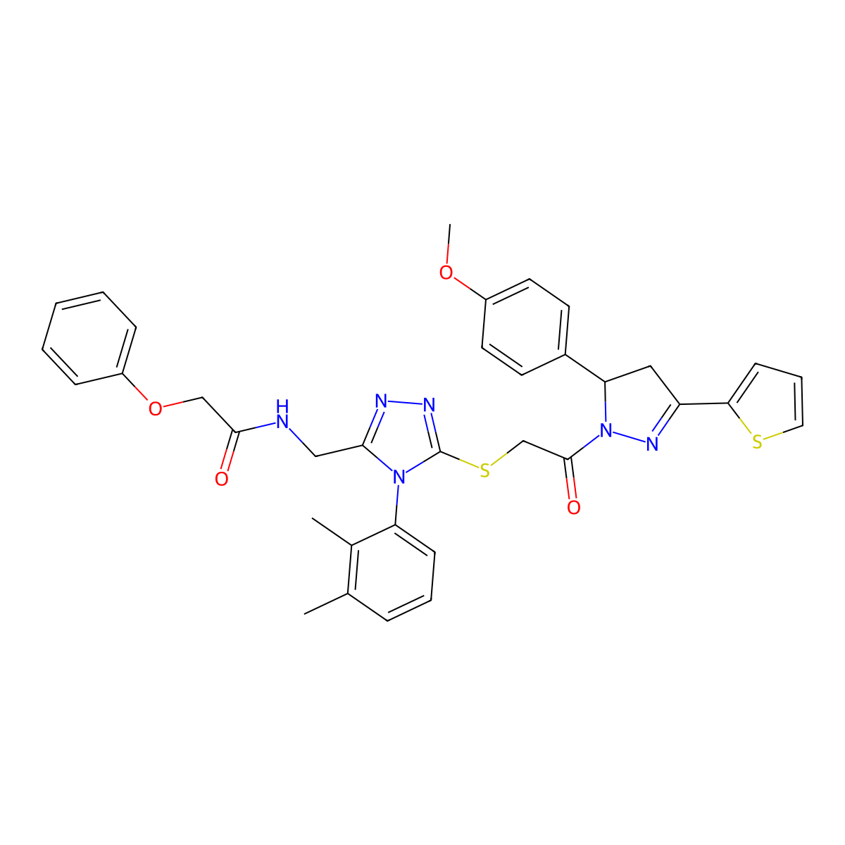 N-((4-(2,3-dimethylphenyl)-5-((2-(5-(4-methoxyphenyl)-3-(thiophen-2-yl)-4,5-dihydro-1H-pyrazol-1-yl)-2-oxoethyl)thio)-4H-1,2,4-triazol-3-yl)methyl)-2-phenoxyacetamide molecular structure, CAS 393585-32-5