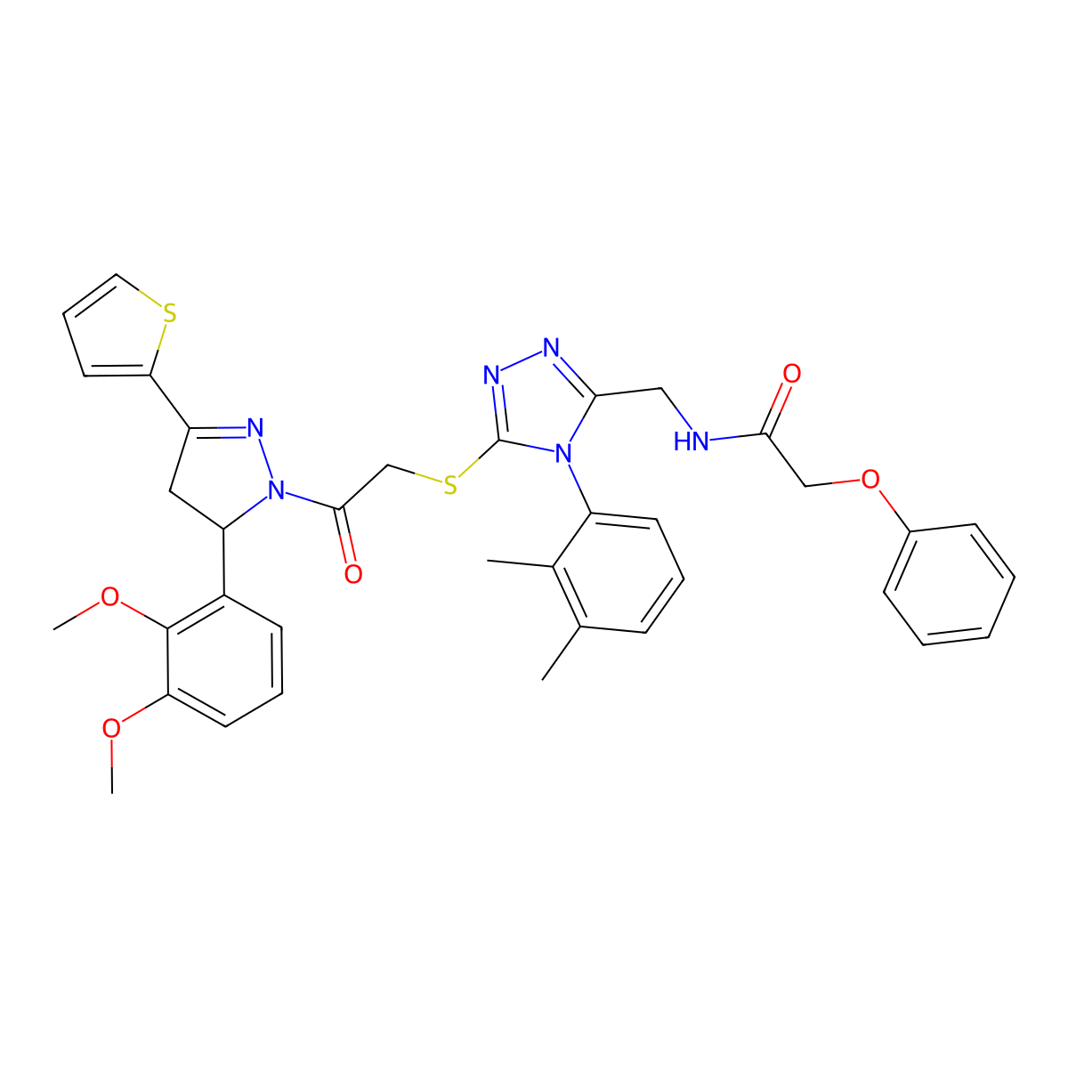 N-((5-((2-(5-(2,3-dimethoxyphenyl)-3-(thiophen-2-yl)-4,5-dihydro-1H-pyrazol-1-yl)-2-oxoethyl)thio)-4-(2,3-dimethylphenyl)-4H-1,2,4-triazol-3-yl)methyl)-2-phenoxyacetamide molecular structure, CAS 393585-34-7