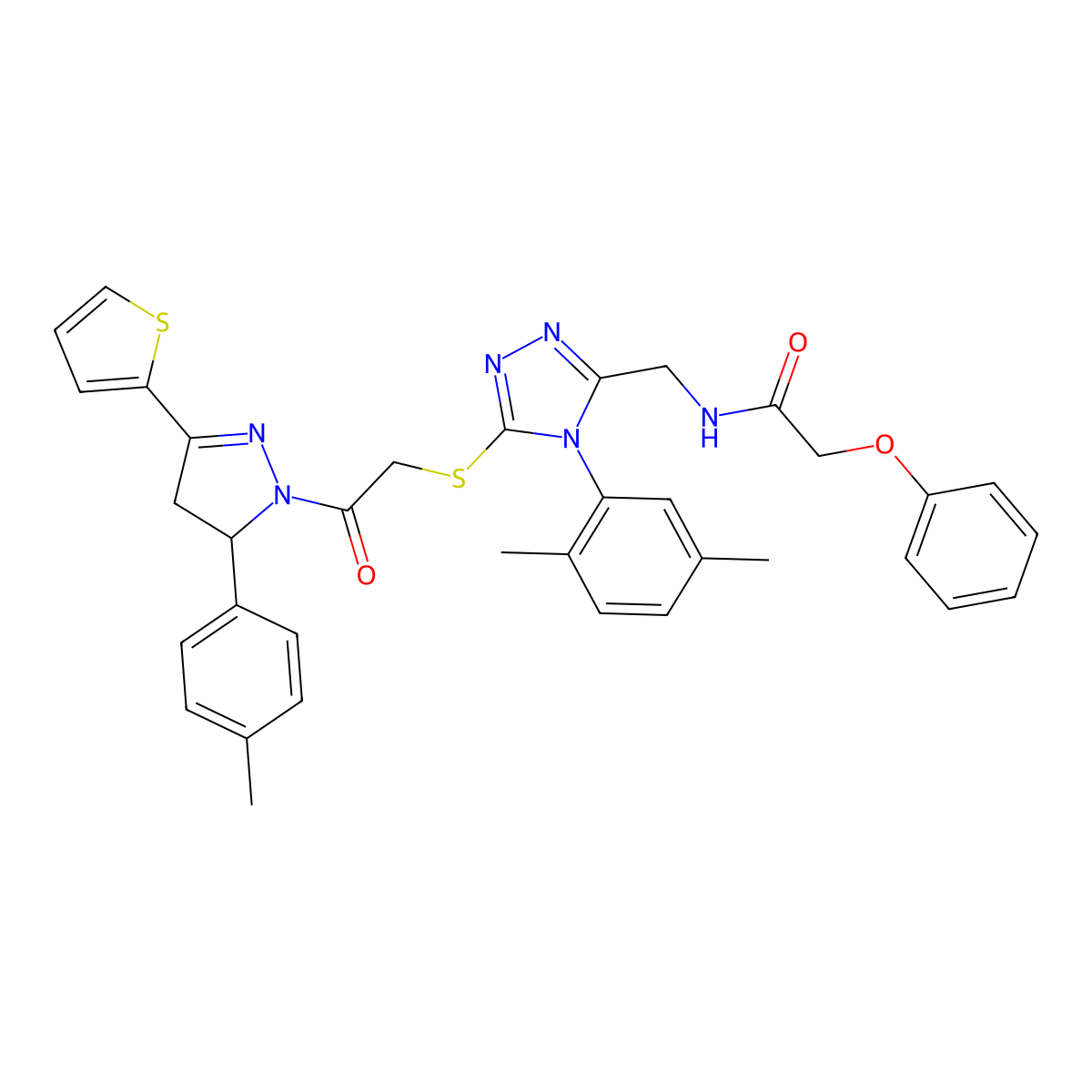 N-[[4-(2,5-dimethylphenyl)-5-[2-[3-(4-methylphenyl)-5-thiophen-2-yl-3,4-dihydropyrazol-2-yl]-2-oxoethyl]sulfanyl-1,2,4-triazol-3-yl]methyl]-2-phenoxyacetamide molecular structure, CAS 393585-36-9