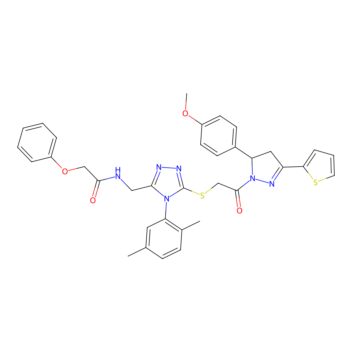 N-((4-(2,5-dimethylphenyl)-5-((2-(5-(4-methoxyphenyl)-3-(thiophen-2-yl)-4,5-dihydro-1H-pyrazol-1-yl)-2-oxoethyl)thio)-4H-1,2,4-triazol-3-yl)methyl)-2-phenoxyacetamide molecular structure, CAS 393585-38-1