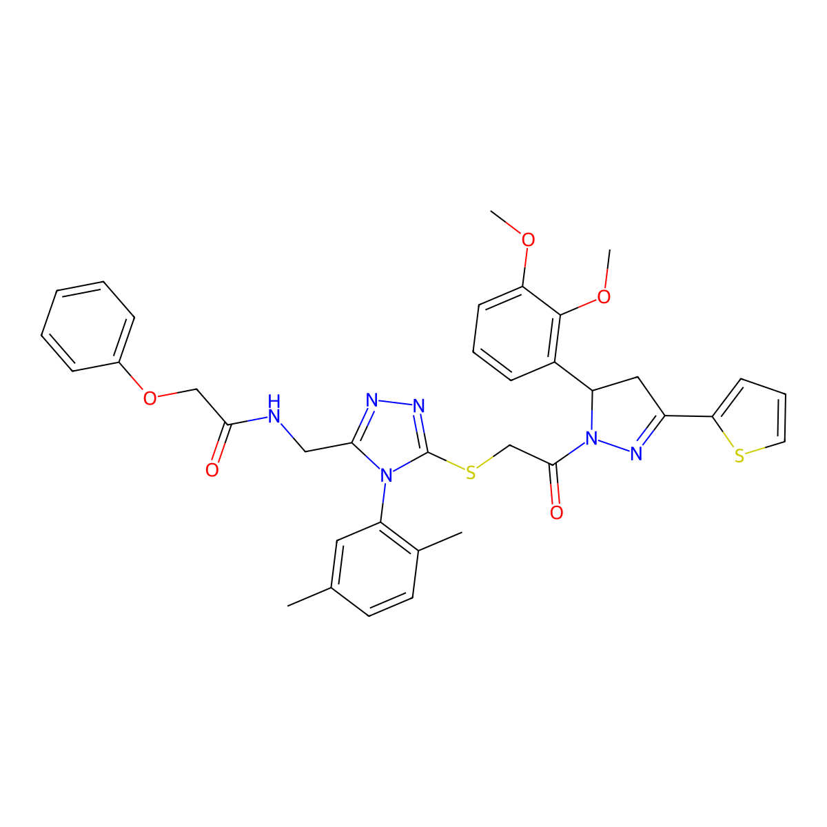 N-((5-((2-(5-(2,3-dimethoxyphenyl)-3-(thiophen-2-yl)-4,5-dihydro-1H-pyrazol-1-yl)-2-oxoethyl)thio)-4-(2,5-dimethylphenyl)-4H-1,2,4-triazol-3-yl)methyl)-2-phenoxyacetamide molecular structure, CAS 393585-40-5