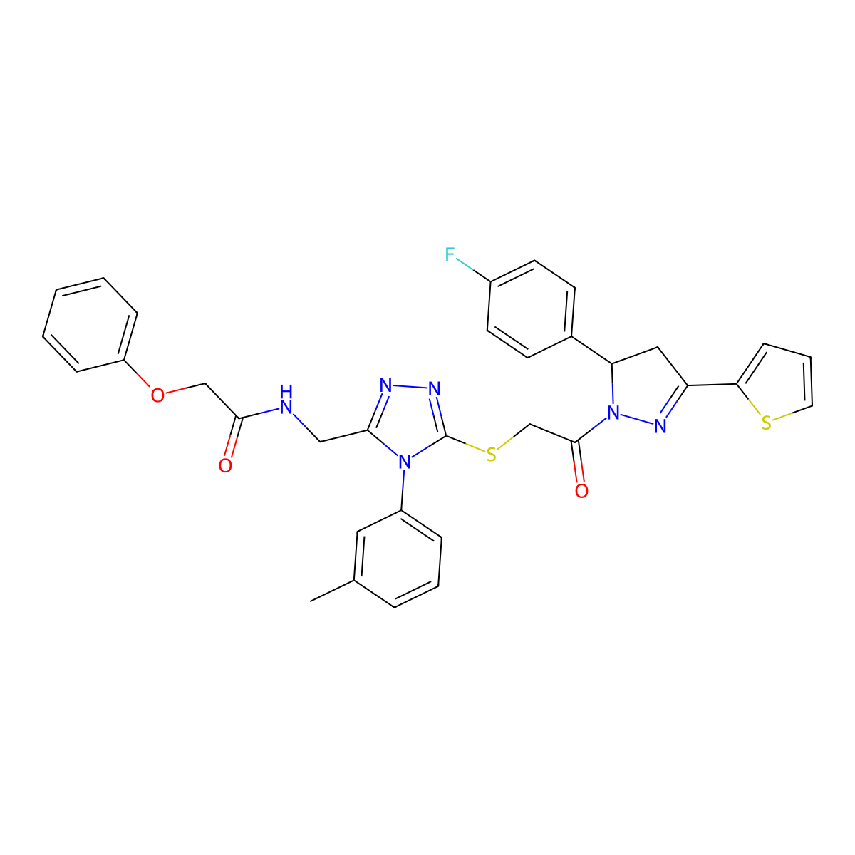 N-[[5-[2-[3-(4-fluorophenyl)-5-thiophen-2-yl-3,4-dihydropyrazol-2-yl]-2-oxoethyl]sulfanyl-4-(3-methylphenyl)-1,2,4-triazol-3-yl]methyl]-2-phenoxyacetamide molecular structure, CAS 393585-44-9