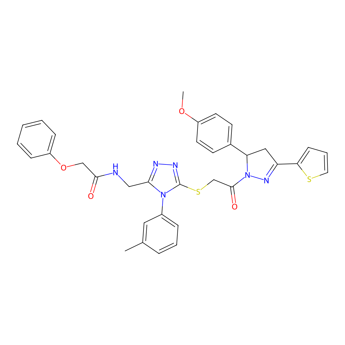 N-((5-((2-(5-(4-methoxyphenyl)-3-(thiophen-2-yl)-4,5-dihydro-1H-pyrazol-1-yl)-2-oxoethyl)thio)-4-(m-tolyl)-4H-1,2,4-triazol-3-yl)methyl)-2-phenoxyacetamide molecular structure, CAS 393585-46-1