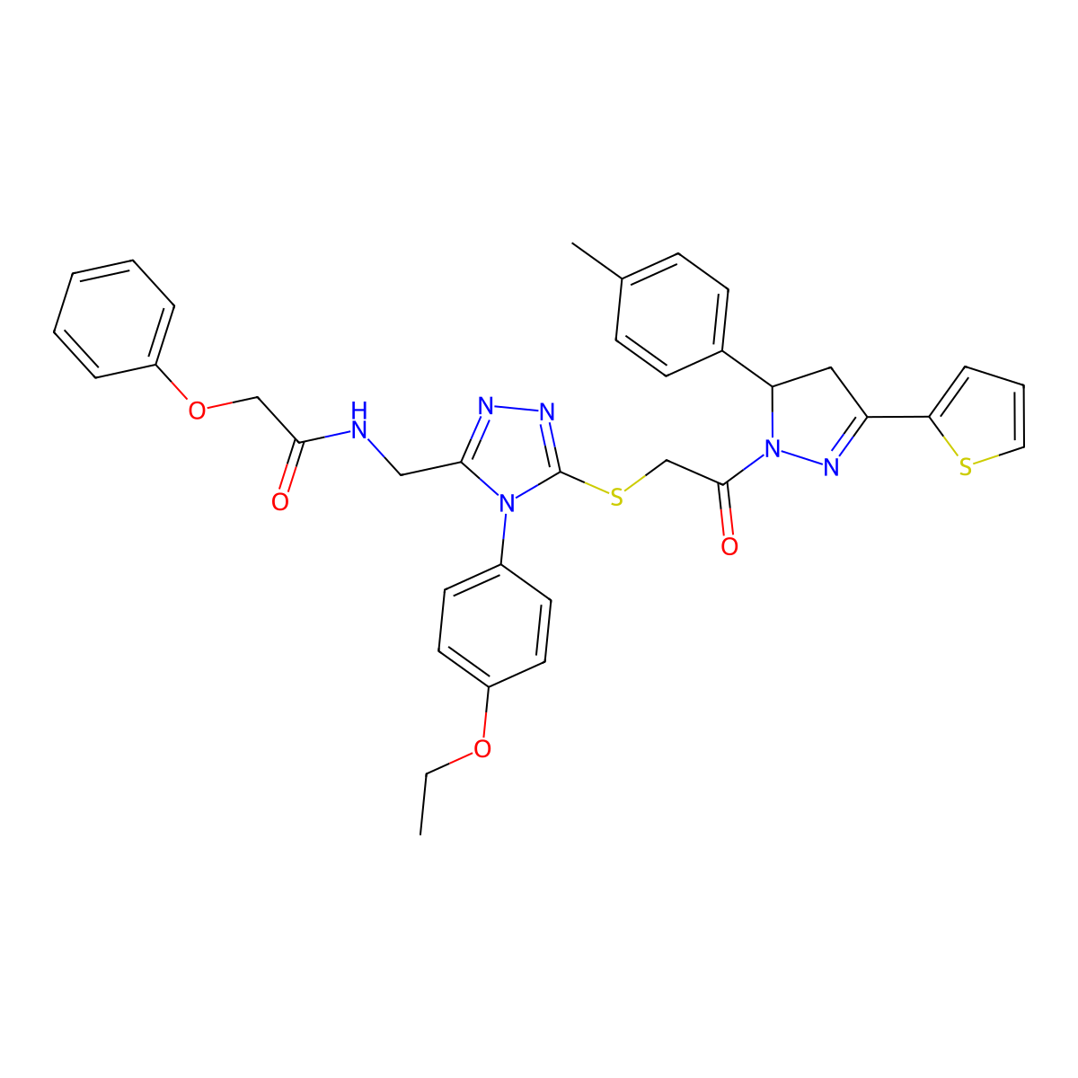 N-[[4-(4-ethoxyphenyl)-5-[2-[3-(4-methylphenyl)-5-thiophen-2-yl-3,4-dihydropyrazol-2-yl]-2-oxoethyl]sulfanyl-1,2,4-triazol-3-yl]methyl]-2-phenoxyacetamide molecular structure, CAS 393585-52-9