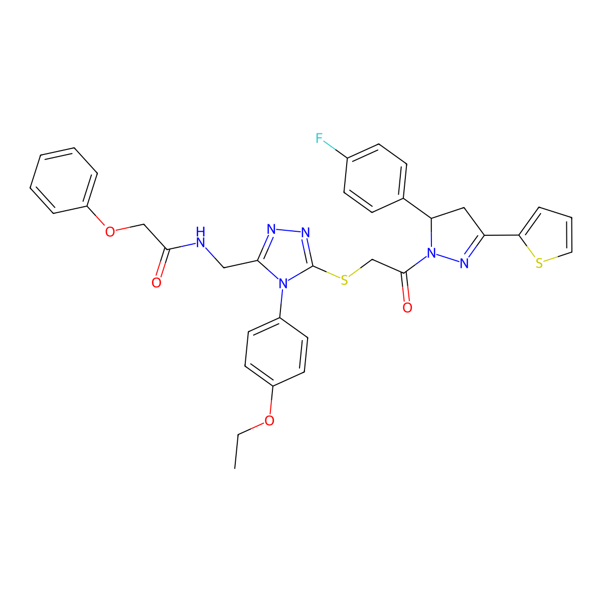 N-((4-(4-ethoxyphenyl)-5-((2-(5-(4-fluorophenyl)-3-(thiophen-2-yl)-4,5-dihydro-1H-pyrazol-1-yl)-2-oxoethyl)thio)-4H-1,2,4-triazol-3-yl)methyl)-2-phenoxyacetamide molecular structure, CAS 393585-56-3