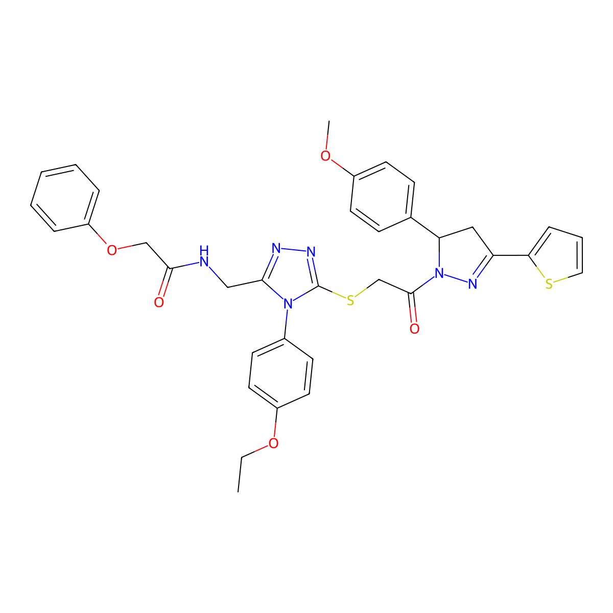 N-[[4-(4-ethoxyphenyl)-5-[2-[3-(4-methoxyphenyl)-5-thiophen-2-yl-3,4-dihydropyrazol-2-yl]-2-oxoethyl]sulfanyl-1,2,4-triazol-3-yl]methyl]-2-phenoxyacetamide molecular structure, CAS 393585-59-6