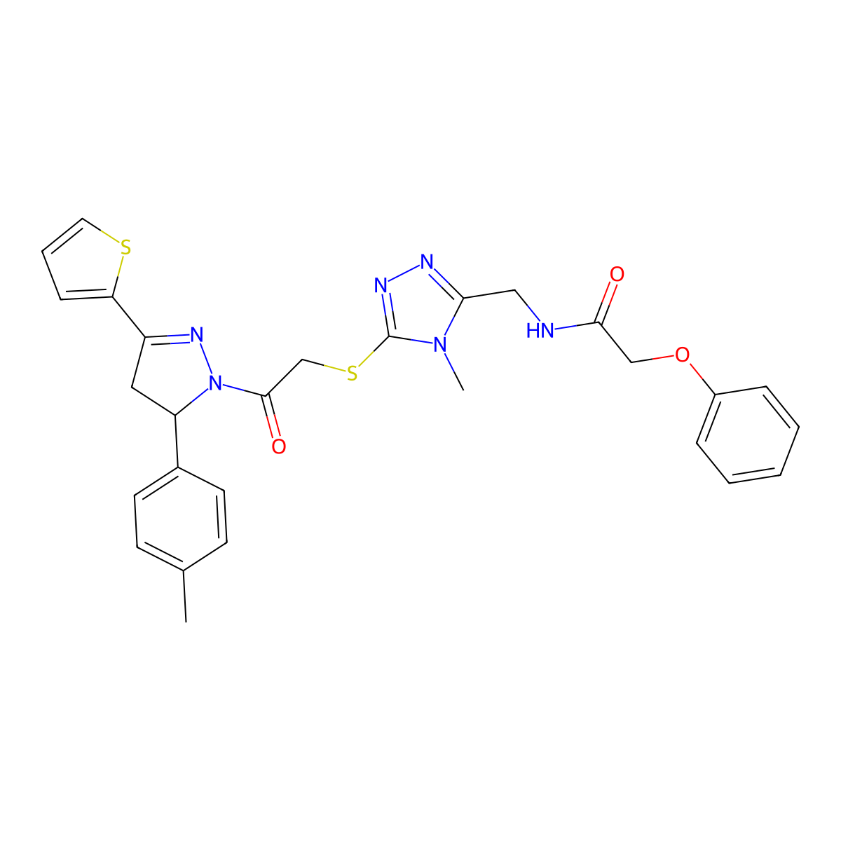 N-((4-methyl-5-((2-oxo-2-(3-(thiophen-2-yl)-5-(p-tolyl)-4,5-dihydro-1H-pyrazol-1-yl)ethyl)thio)-4H-1,2,4-triazol-3-yl)methyl)-2-phenoxyacetamide molecular structure, CAS 393585-66-5