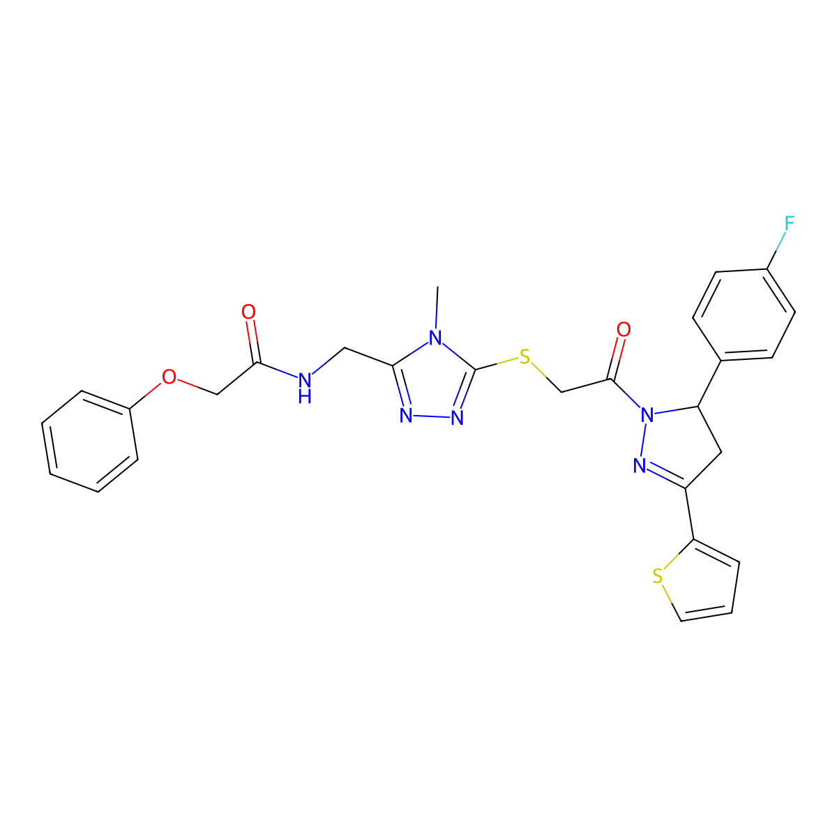 N-((5-((2-(5-(4-fluorophenyl)-3-(thiophen-2-yl)-4,5-dihydro-1H-pyrazol-1-yl)-2-oxoethyl)thio)-4-methyl-4H-1,2,4-triazol-3-yl)methyl)-2-phenoxyacetamide molecular structure, CAS 393585-70-1
