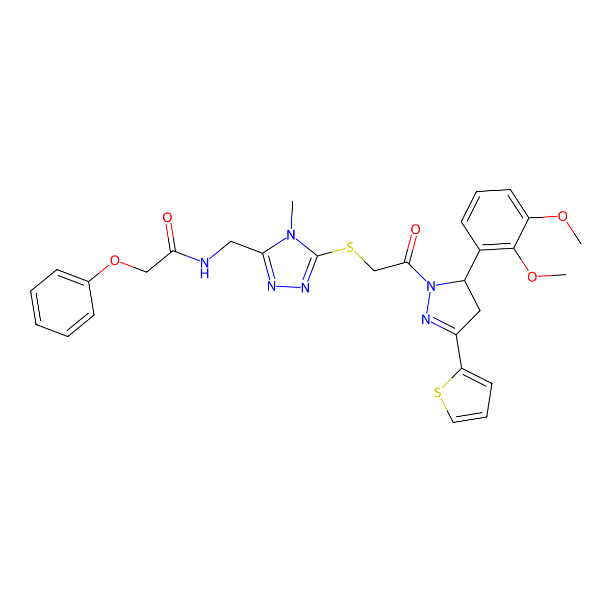 N-((5-((2-(5-(2,3-dimethoxyphenyl)-3-(thiophen-2-yl)-4,5-dihydro-1H-pyrazol-1-yl)-2-oxoethyl)thio)-4-methyl-4H-1,2,4-triazol-3-yl)methyl)-2-phenoxyacetamide molecular structure, CAS 393585-80-3